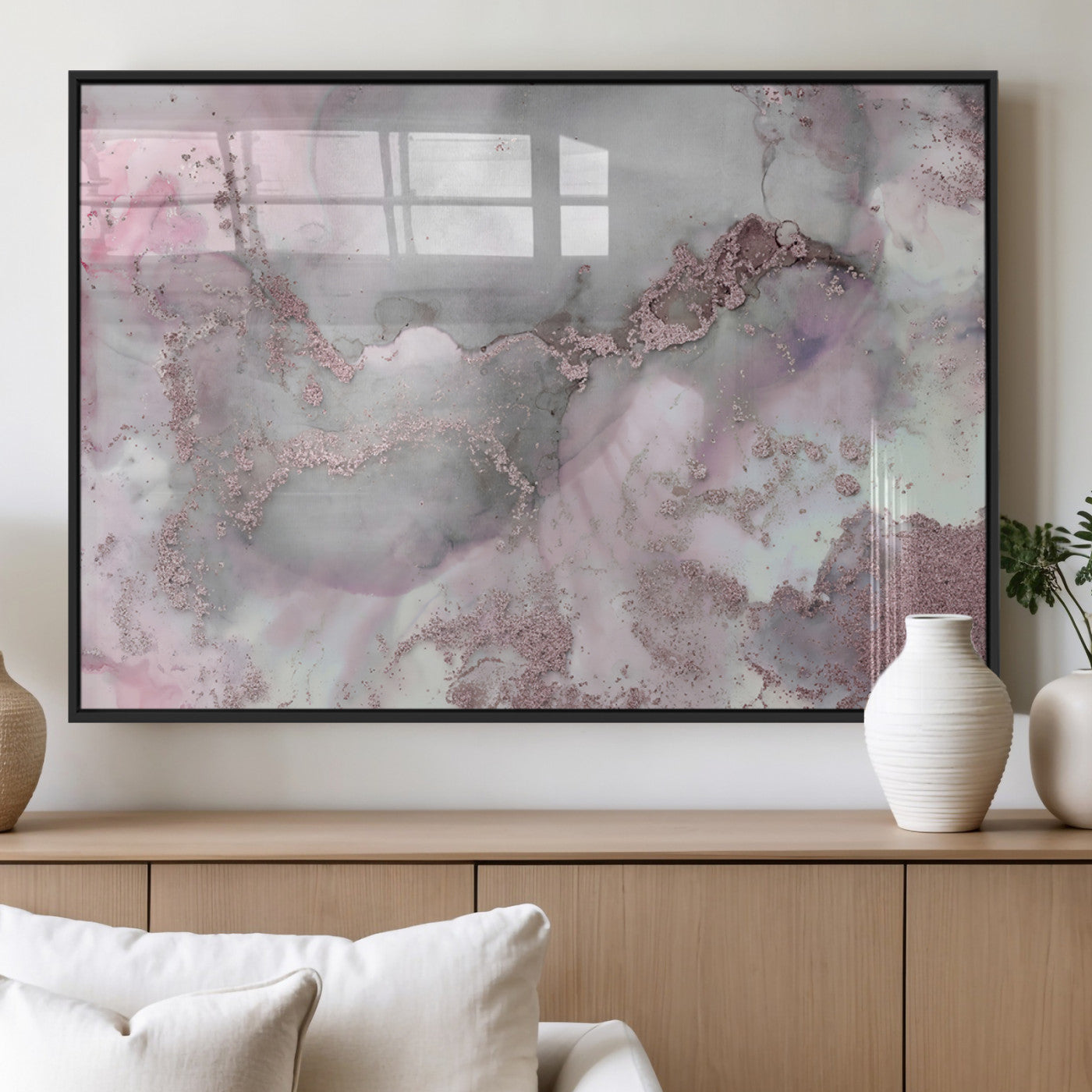 16416-MGV-FP-36X24-3P_Black-Blush Marble Wall Art Canvas Print, Framed Rose Gold Art Picture Print, Pink Cloudy Perfect Modern Glam Decor Artwork