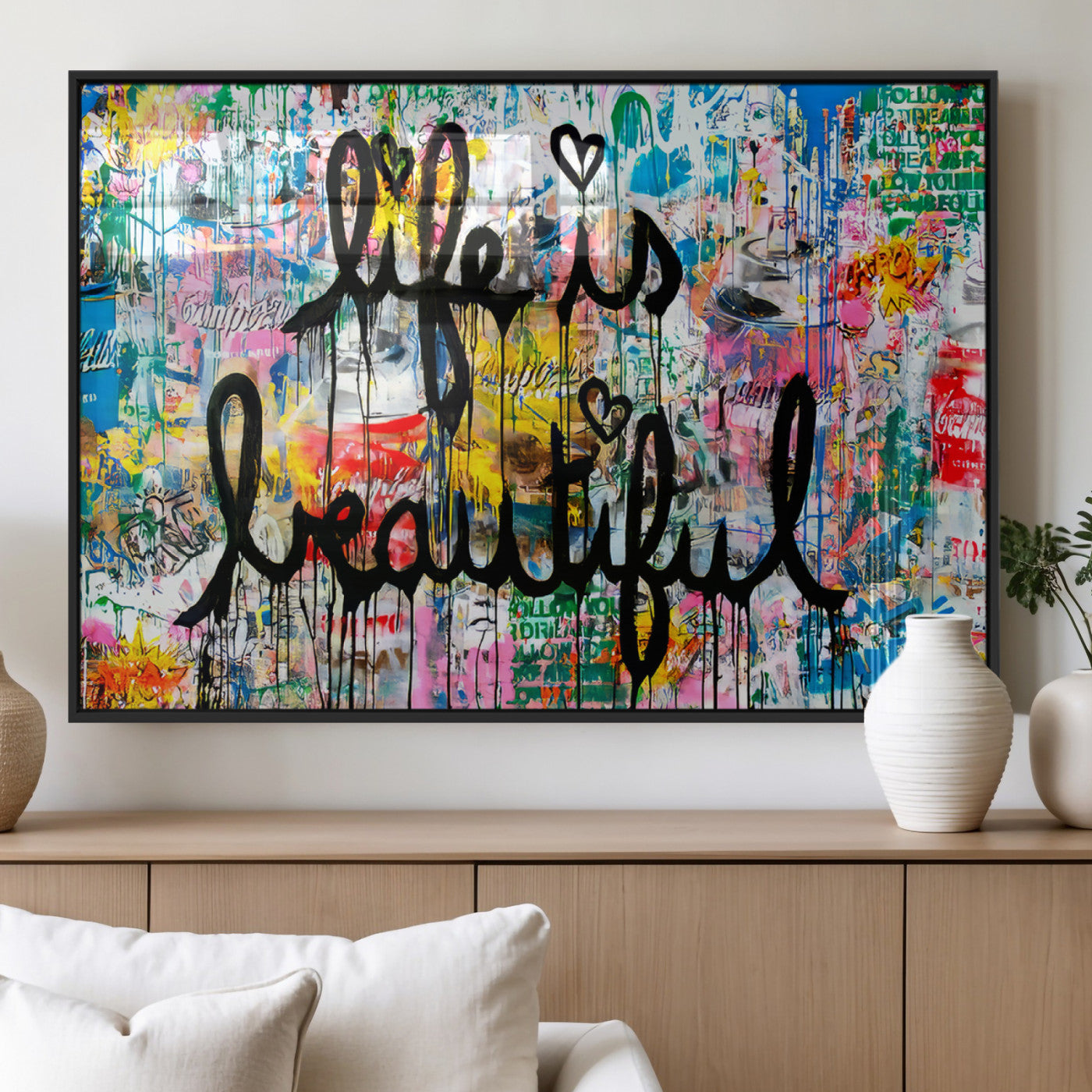 36856-MGV-FP-60X30-3P_Black-Life Is Beautiful Wall Art – Colorful Graffiti Canvas Print, Modern Street Style Artwork, Inspirational Decor for Living Room,