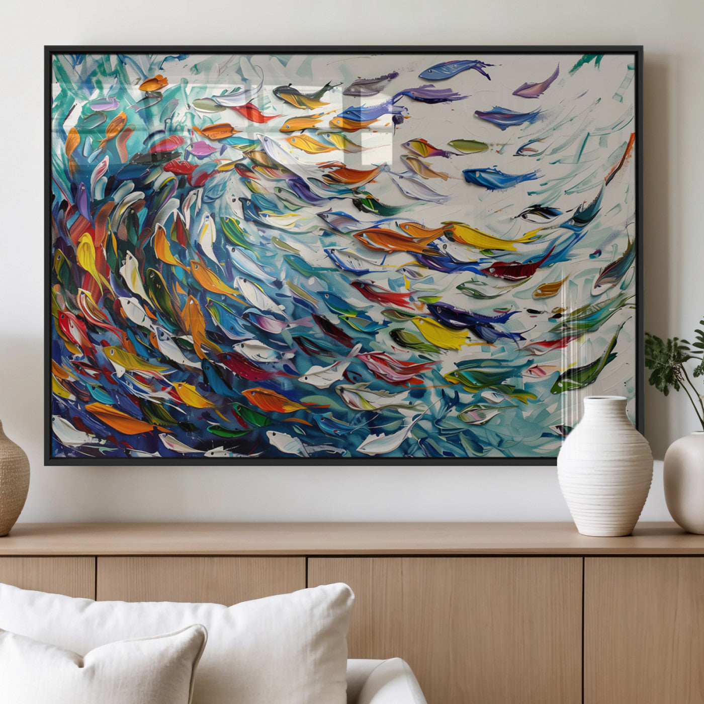 80105-MGV-FP-60X30-3P_Black-Watercolor Fish Wall Art Canvas Print, Framed Vibrant Swirl Art Picture Print, Fish Swarm Perfect Vibrant Coastal Decor Artwork
