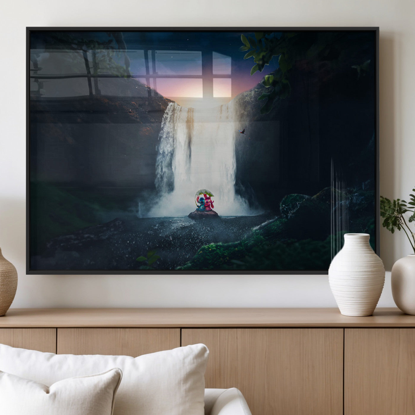 56359-MGV-FP-36X24-3P_Black-Lilo Stitch Wall Art Canvas Print, Framed Stitch Angel Art Picture Print, Cartoon Waterfall Perfect Tropical Fantasy Decor Artwork