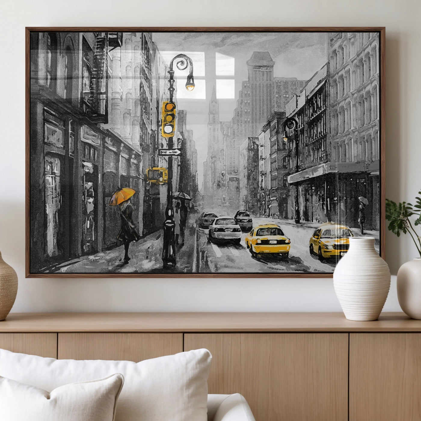 32362-MGV-FP-36X24-3P_Walnut-NYC Street Wall Art – Black and White Cityscape with Yellow Taxis and Umbrella Canvas Print, Urban Home Decor for Living Room or