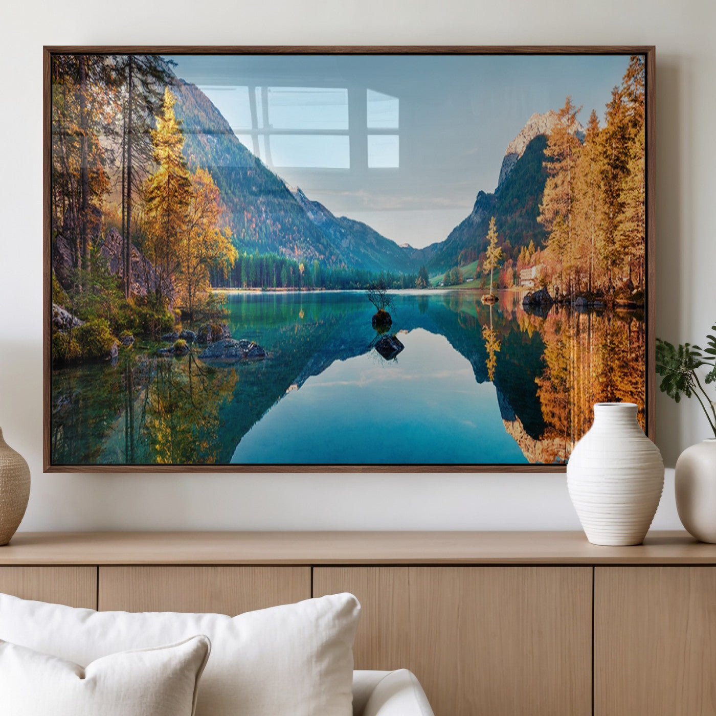 32962-MGV-FP-36X24-3P_Walnut-Mountain Lake Wall Art – Tranquil Autumn Landscape Canvas Print, Nature Reflection Decor for Living Room, Bedroom, Office or Cabin