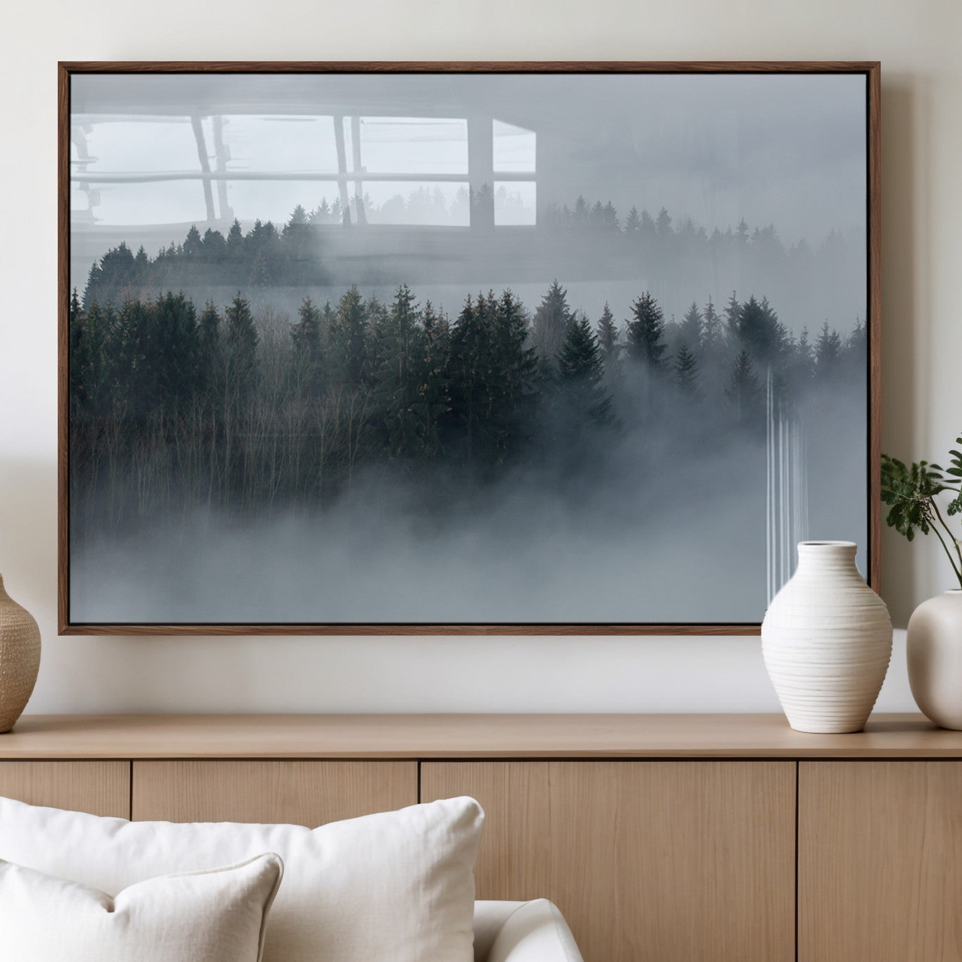 42596-MGV-FP-36X24-3P_Walnut-Misty Forest Wall Art – Atmospheric Pine Trees Canvas Print, Nature Landscape Decor for Living Room, Bedroom, Office, or Cabin