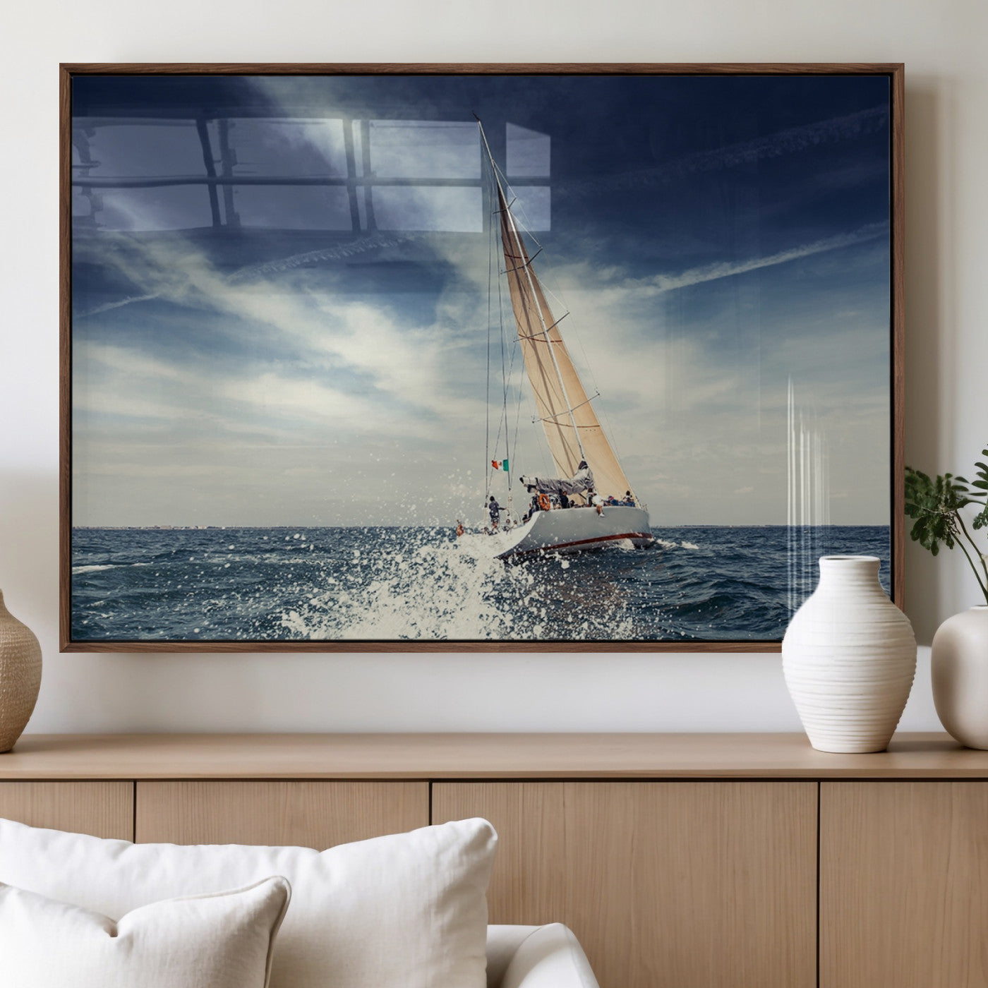 75430-MGV-FP-36X24-3P_Walnut-Sailing Boat Wall Art – Dynamic Ocean Yacht Canvas Print, Nautical Decor for Living Room, Office, Beach House or Cabin