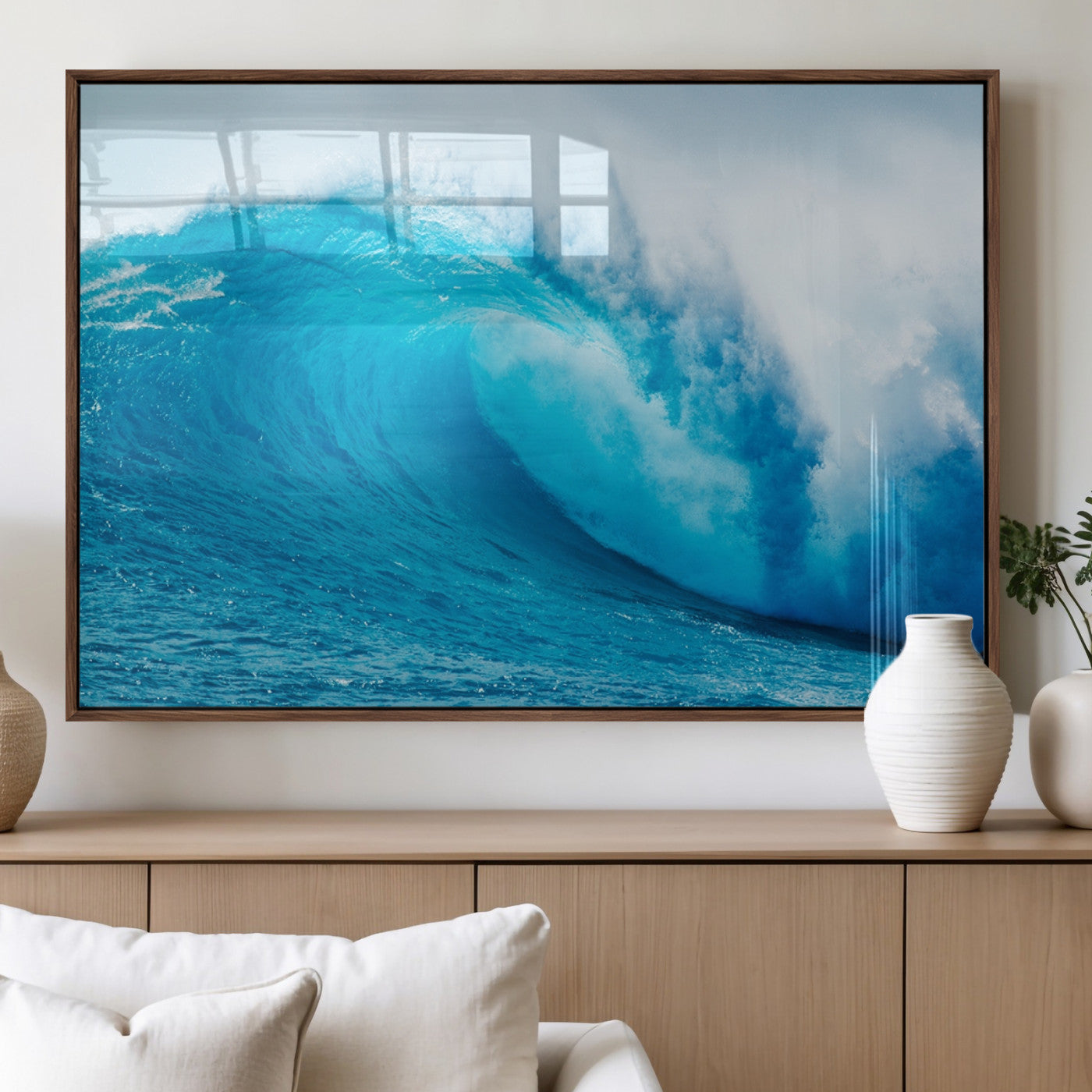 13117-MGV-FP-36X24-3P_Walnut-Ocean Wave Wall Art – Dynamic Blue Surf Canvas Print, Coastal Beach Decor for Living Room, Bathroom, Office, or Beach House