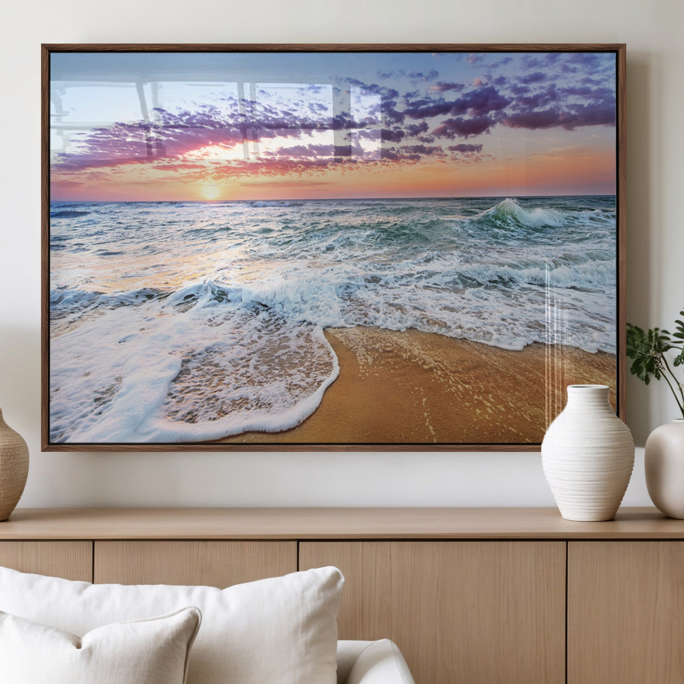 53006-MGV-FP-36X24-3P_Walnut-Ocean Beach Sunset Wall Art – Vibrant Seascape Canvas Print, Coastal Home Decor for Living Room, Bedroom, Office or Beach House