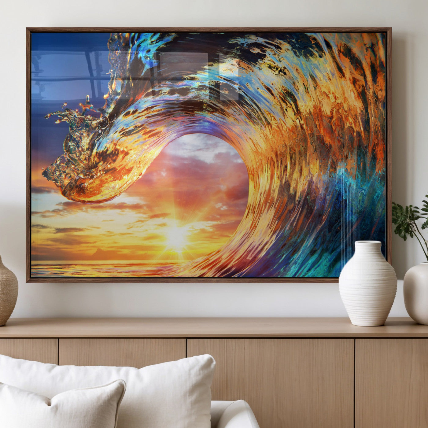 52890-MGV-FP-36X24-3P_Walnut-Surfing Wave Wall Art Canvas Print, Framed Sunset Ocean Art Picture Print, Ocean Wave Perfect Nautical Decor Artwork