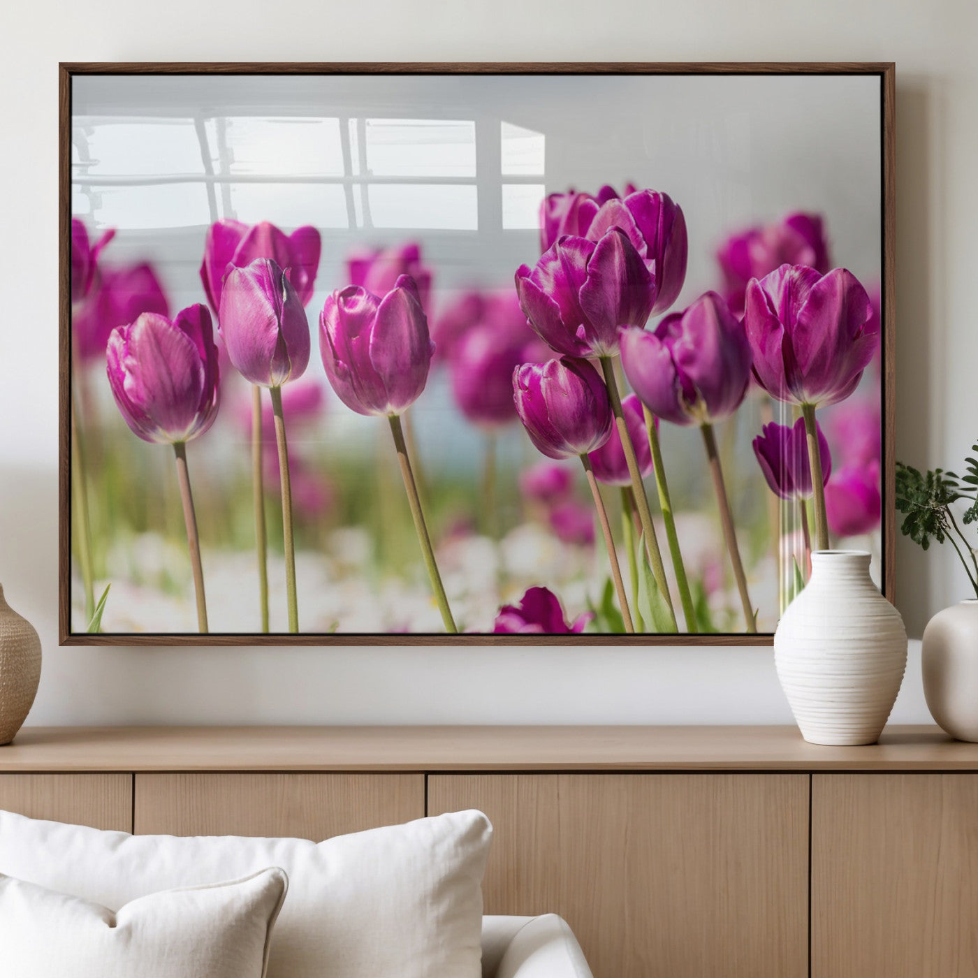30632-MGV-FP-36X24-3P_Walnut-Purple Tulip Field Wall Art – Beautiful Spring Flowers Canvas Print with Soft Focus and Bright Sky, Ideal Floral Decor for Home or