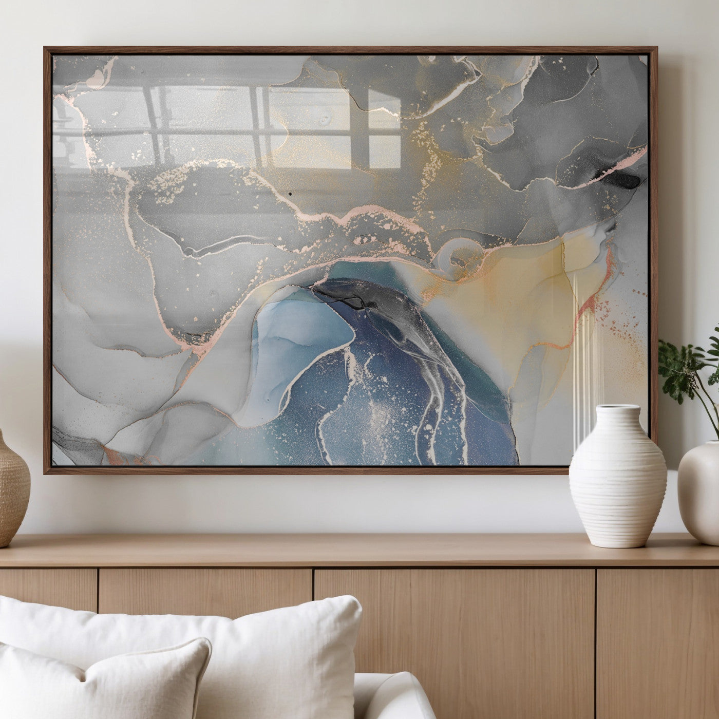 63211-MGV-FP-36X24-3P_Walnut-Abstract Fluid Art Wall Decor – Blue, Gray & Gold Canvas Print, Modern Home and Office Wall Art Decor for Living Room, Bedroom or