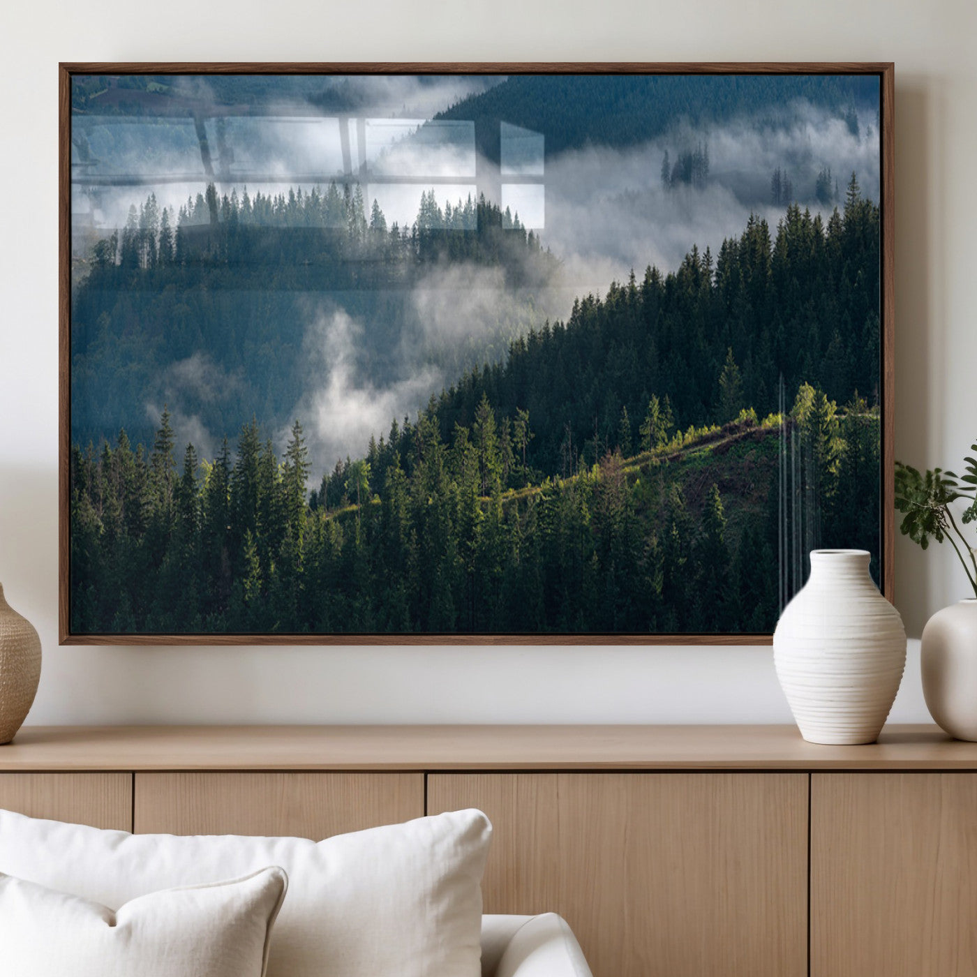 55972-MGV-FP-36X24-3P_Walnut-Whispering Pines Wall Art – Panoramic Misty Forest Canvas Print, Serene Nature Decor for Home, Office or Cabin Retreat