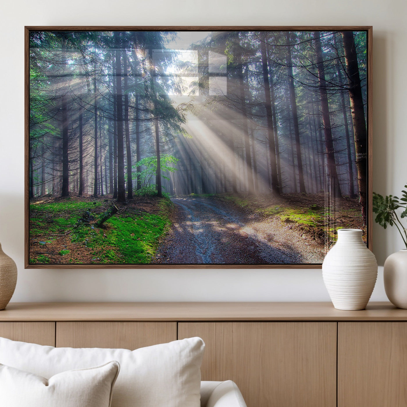 42047-MGV-FP-36X24-3P_Walnut-Sunlit Forest Path Wall Art – Nature Canvas Print, Serene Woodland Landscape, Perfect Home & Office Decor for Calm and Tranquil