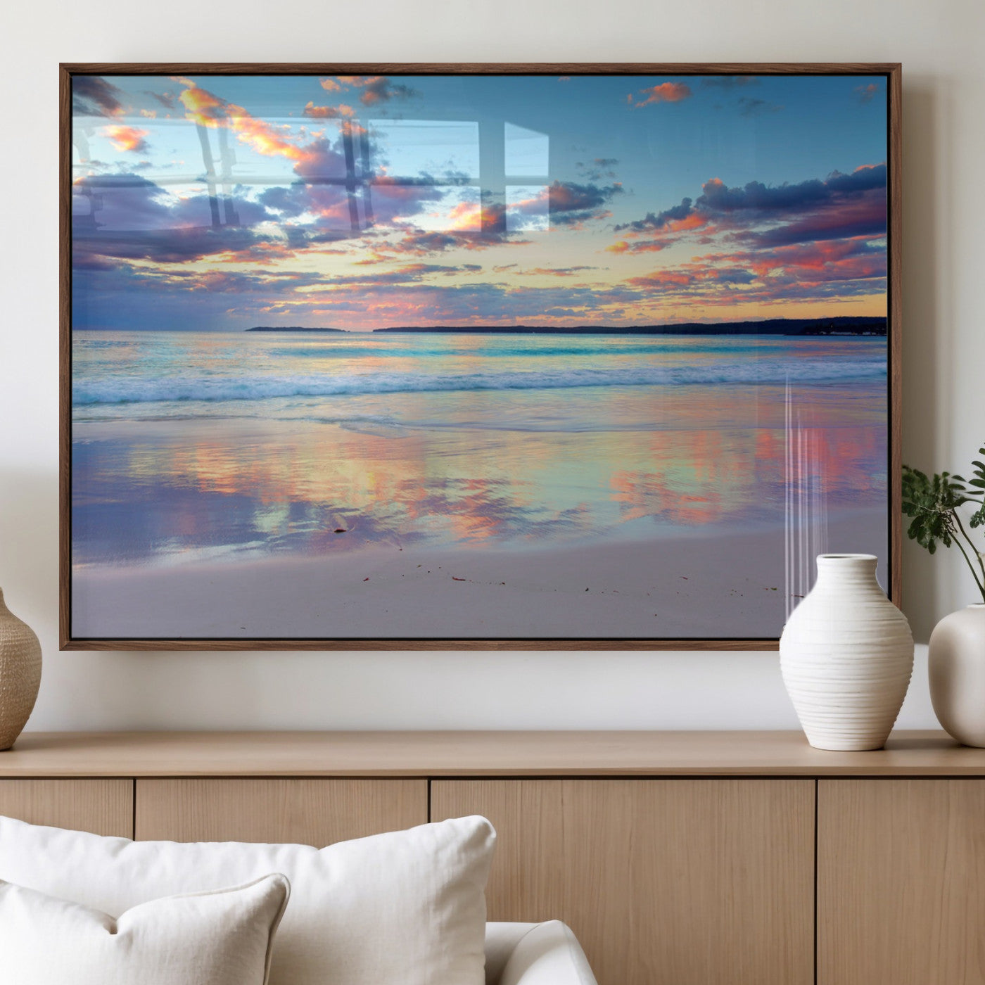 64882-MGV-FP-36X24-3P_Walnut-Tranquil Sunset Beach Wall Art – Panoramic Ocean Reflection Canvas Print, Calm Coastal Decor for Bedroom, Living Room or Office