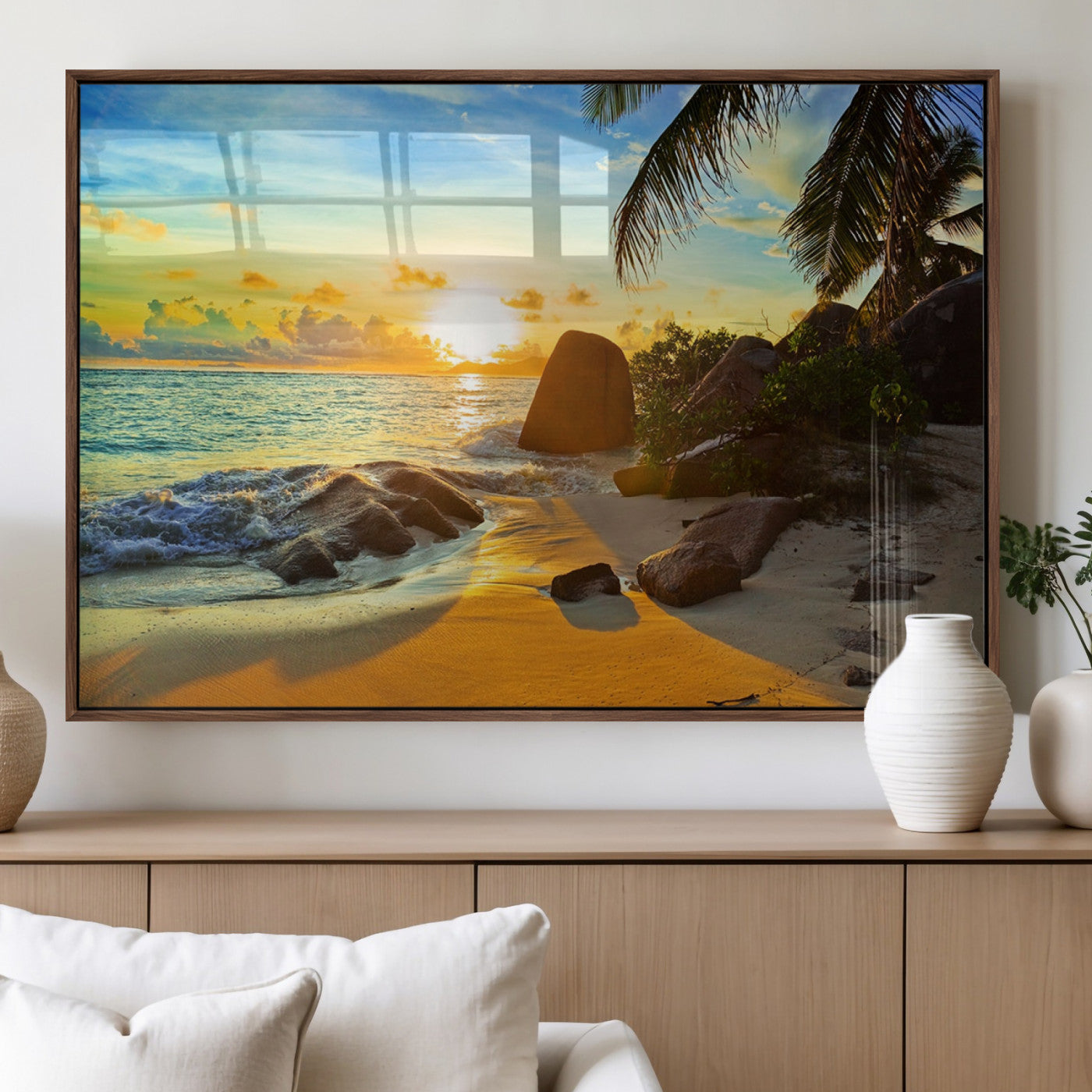 26181-MGV-FP-60X30-3P_Walnut-Golden Tropical Sunset Beach Wall Art – Ocean Canvas Print with Palm Trees and Rocks, Coastal Paradise Decor for Living Room or