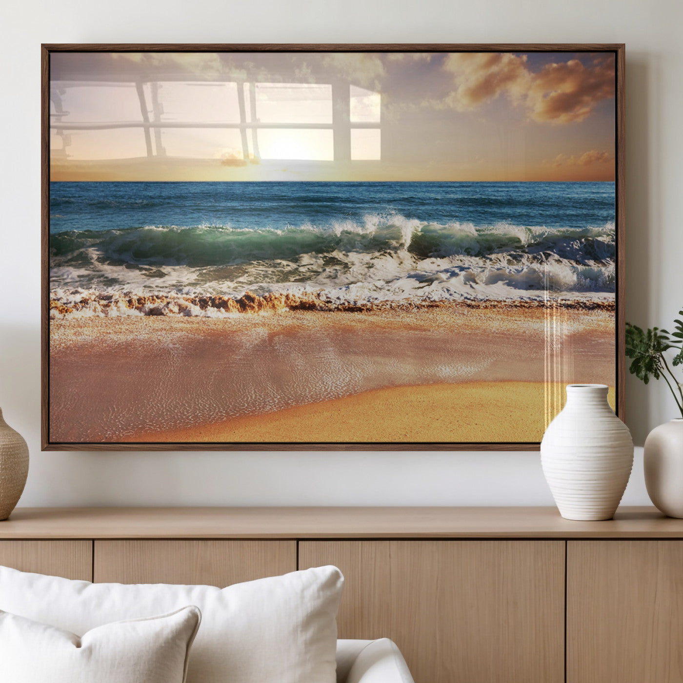 79005-MGV-FP-60X30-3P_Walnut-Golden Sunrise Ocean Waves Wall Art – Panoramic Seashore Canvas Print, Calming Coastal Decor for Home, Office or Relaxation Space