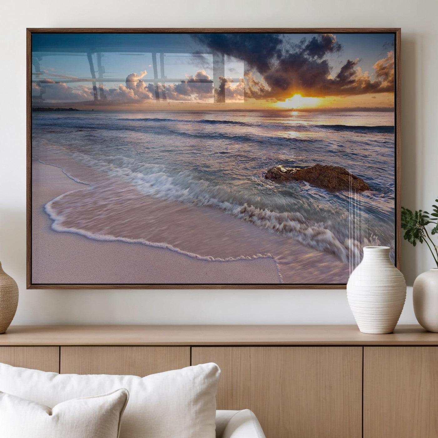 94906-MGV-FP-60X30-3P_Walnut-Sunrise Beach Wall Art – Panoramic Ocean Waves Canvas Print, Coastal Sunset Seascape Artwork for Living Room, Bedroom, or Office