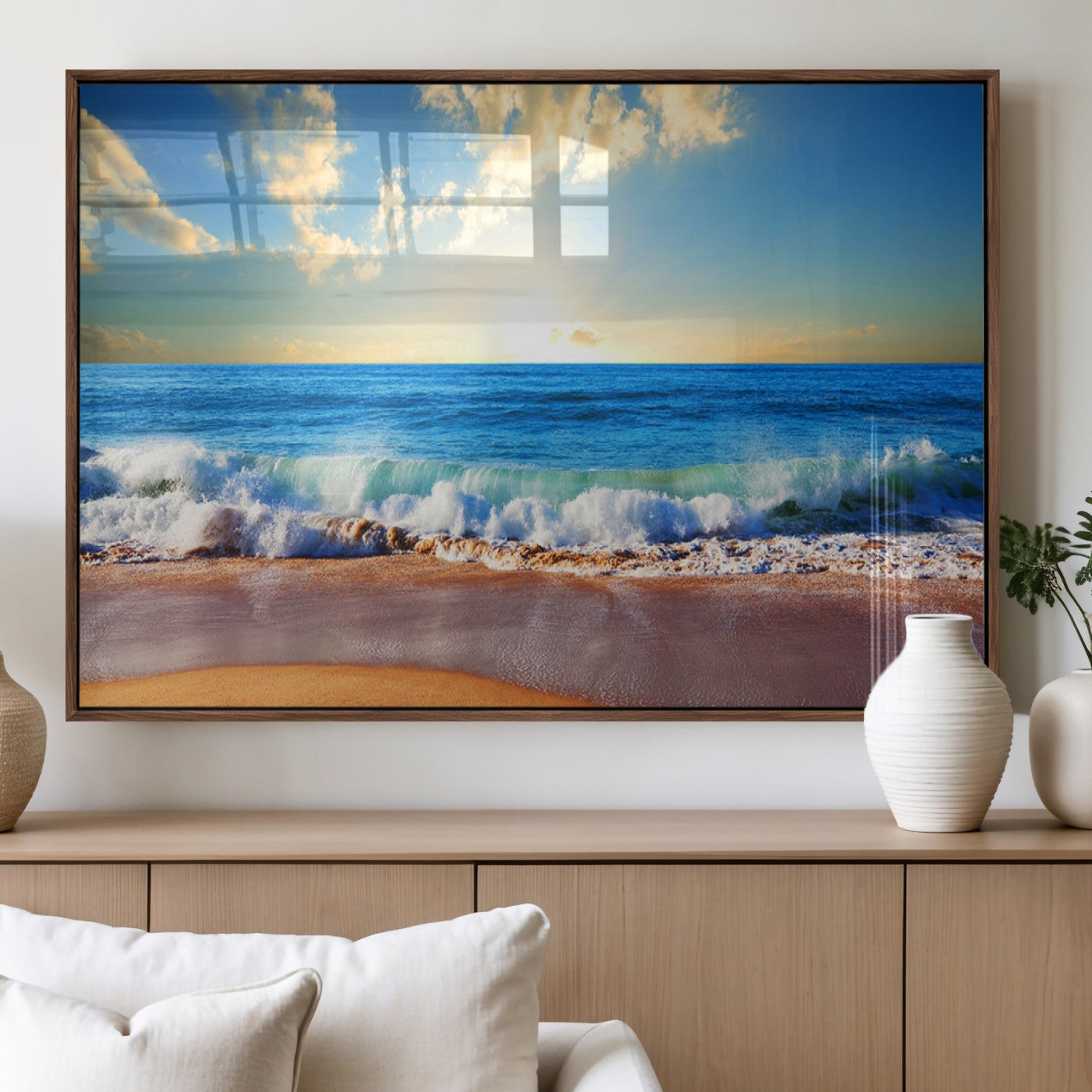 50522-MGV-FP-60X30-3P_Walnut-Ocean Sunrise Wall Art – Peaceful Beach Waves and Golden Horizon Canvas Print, Coastal Seascape Decor for Home or Office