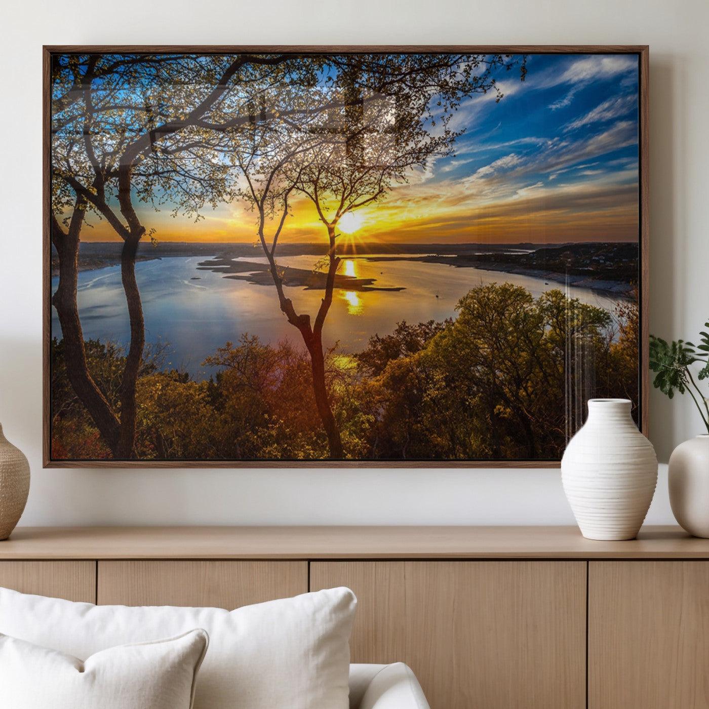 71863-MGV-FP-36X24-3P_Walnut-Lake Sunset Wall Art – Scenic Nature Canvas Print with Trees and Golden Sky, Serene Landscape Decor for Living Room, Bedroom or