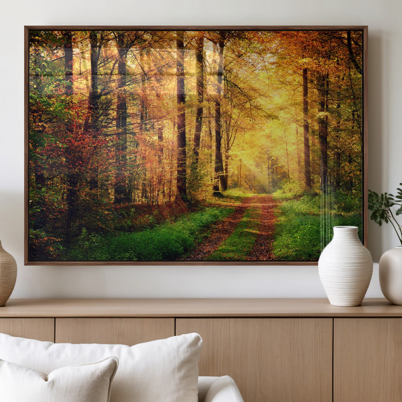 73494-MGV-FP-60X30-3P_Walnut-Golden Autumn Forest Path Wall Art – Sunlit Woodland Canvas Print, Fall Nature Landscape Home Decoration