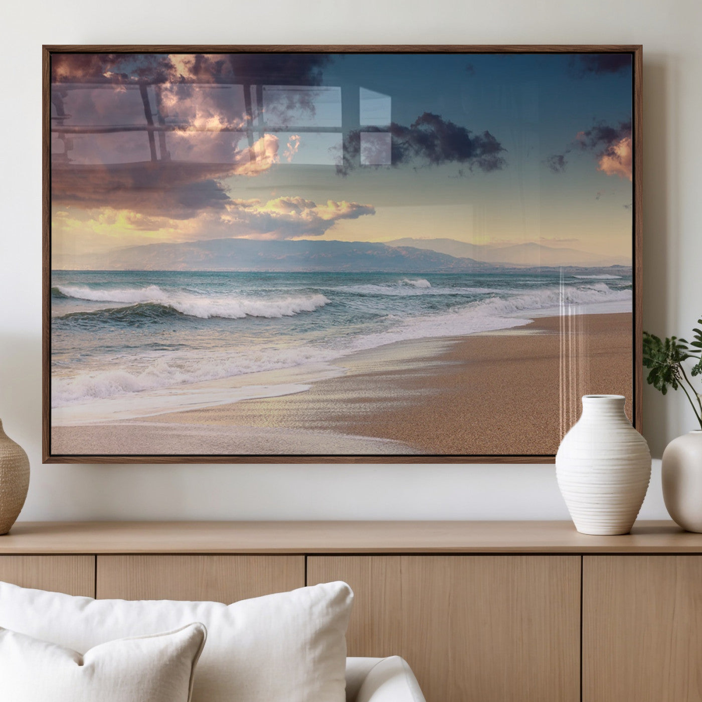 42253-MGV-FP-60X30-3P_Walnut-Serene Beach Waves Wall Art – Tranquil Ocean Horizon Canvas Print, Coastal Seascape Decor for Living Room or Office Wall