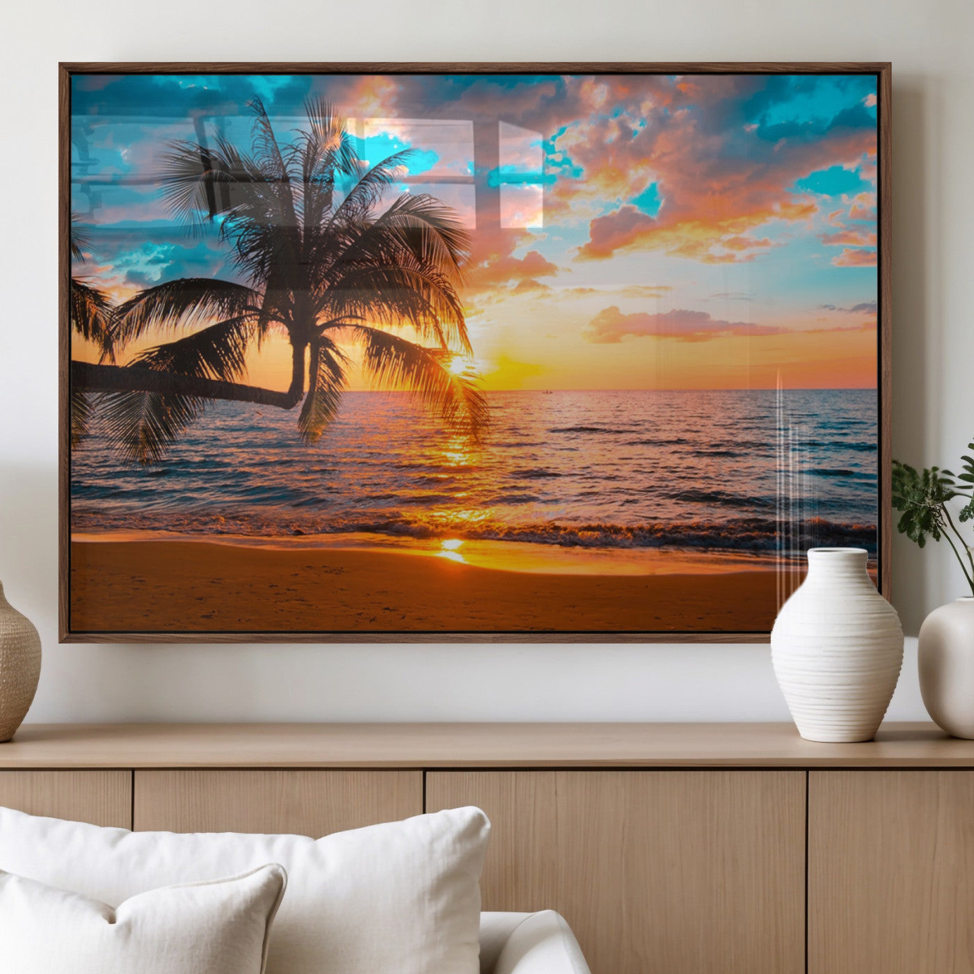 34674-MGV-FP-60X30-3P_Walnut-Tropical Sunset Beach Wall Art – Palm Tree Ocean Canvas Print, Coastal Seascape Decor for Living Room or Office Wall