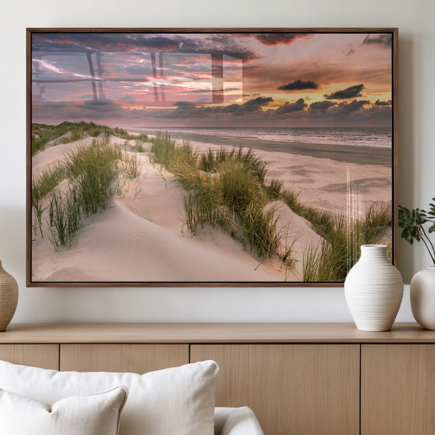 60570-MGV-FP-60X30-3P_Walnut-Beach Sunset Wall Art – Coastal Sand Dunes and Ocean Horizon Canvas Print, Tranquil Seascape Photography Decor for Living Room or