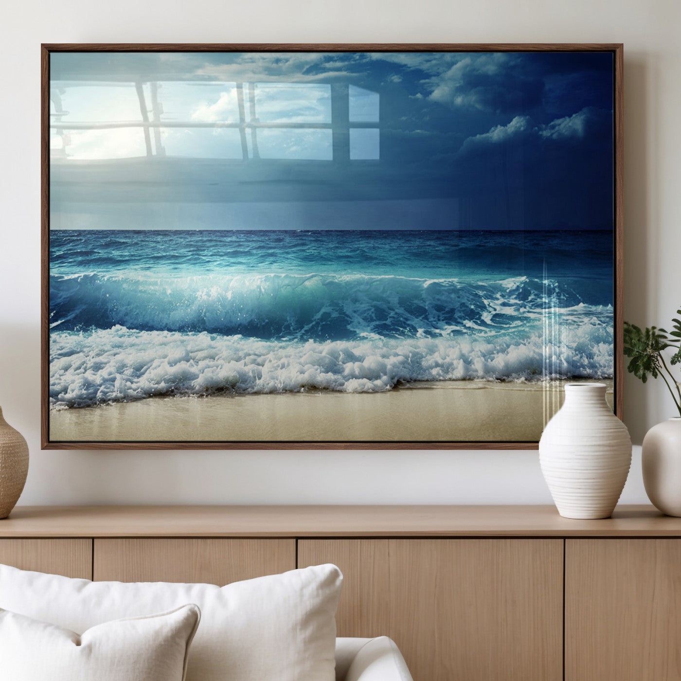84116-MGV-FP-60X30-3P_Walnut-Ocean Wave Wall Art – Blue Sea and Beach Canvas Print, Coastal Seascape Photography Artwork for Living Room, Bedroom, or Office