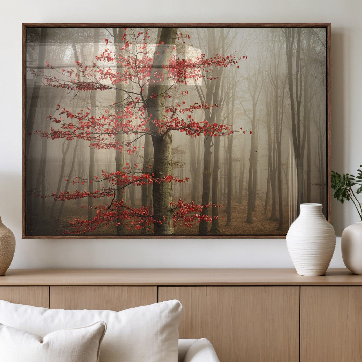 61855-MGV-FP-60X30-3P_Walnut-Misty Forest Wall Art – Red Tree with Autumn Leaves Canvas Print, Moody Woodland Nature Decor for Living Room, Bedroom, or Office
