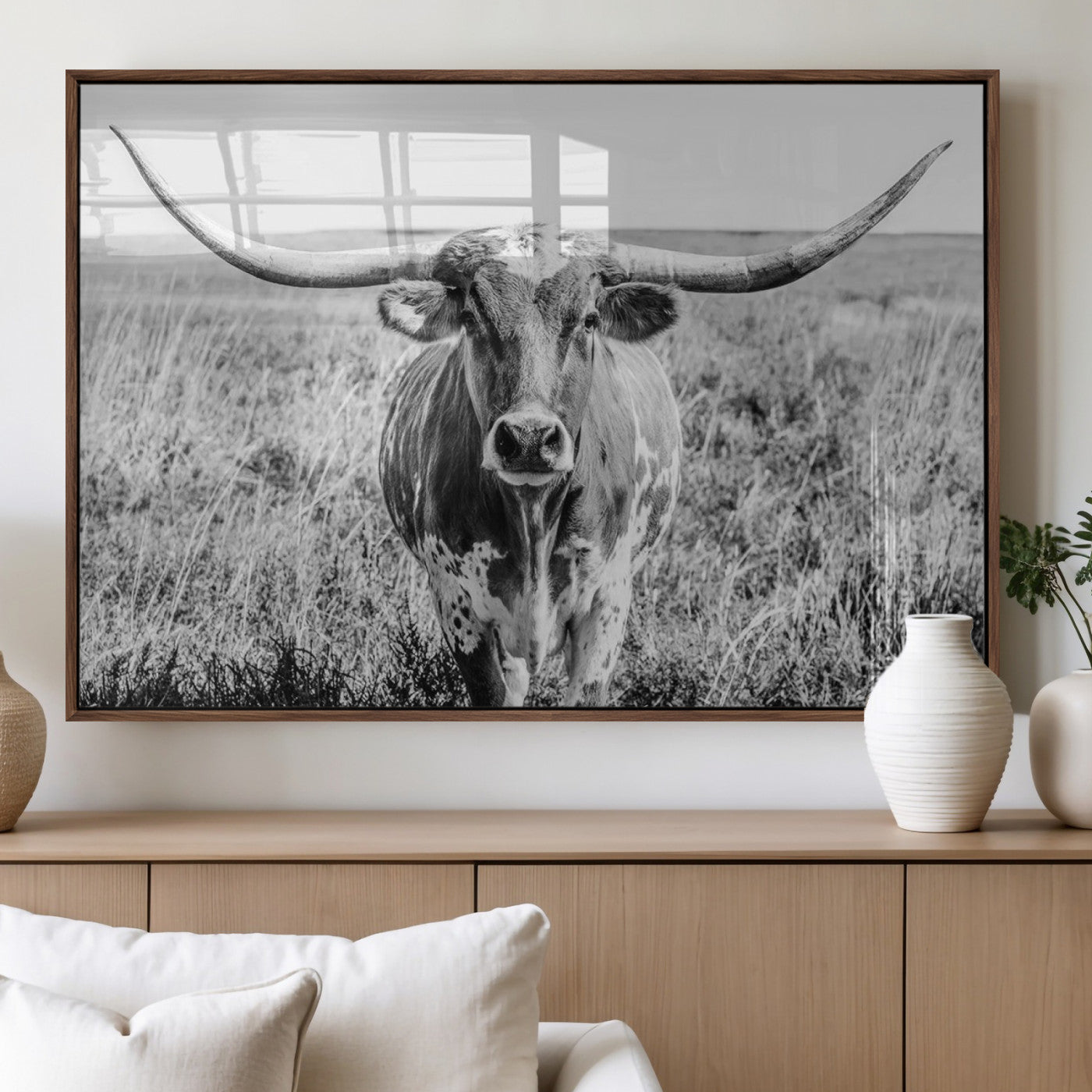 77320-MGV-FP-60X30-3P_Walnut-Texas Longhorn Wall Art – Black and White Western Cattle Canvas Print, Rustic Farmhouse Animal Photography Decor for Living Room,