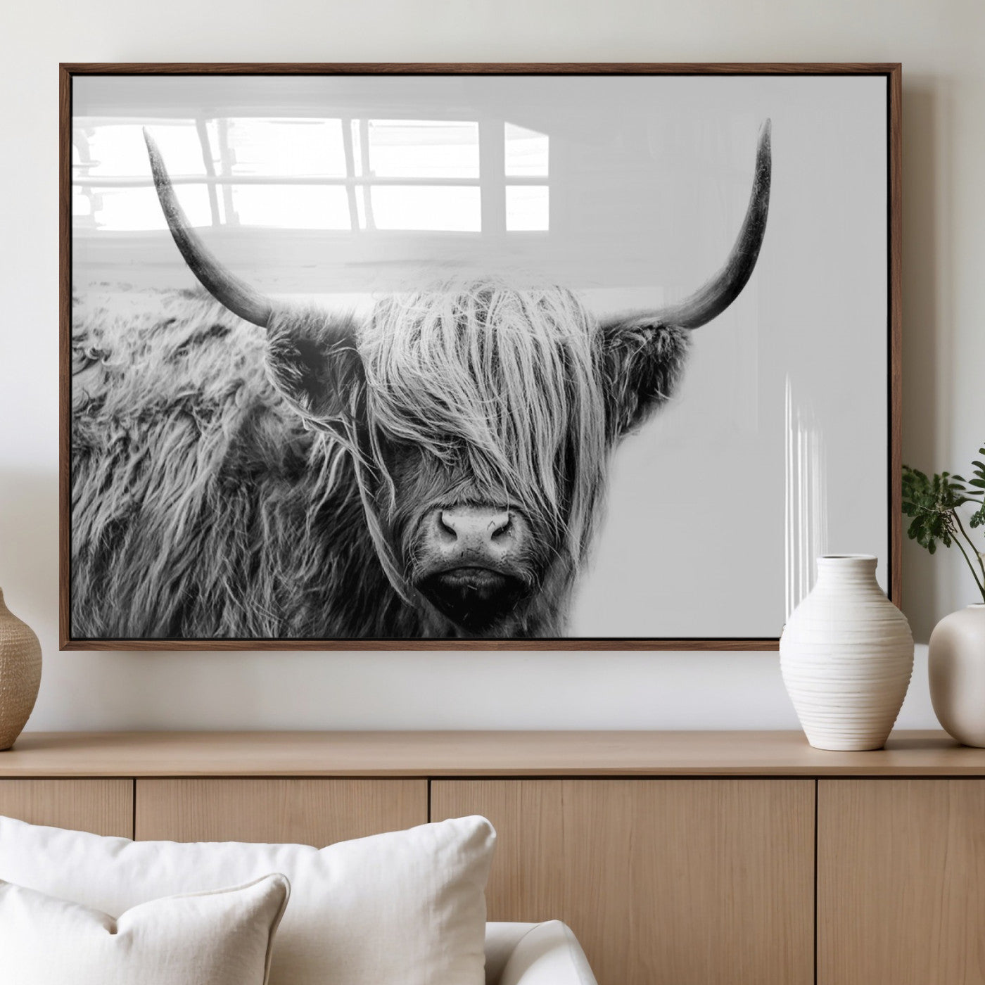 51957-MGV-FP-60X30-3P_Walnut-Highland Cow Wall Art – Black and White Scottish Highland Bull Canvas Print, Rustic Farmhouse Animal Decor for Living Room,