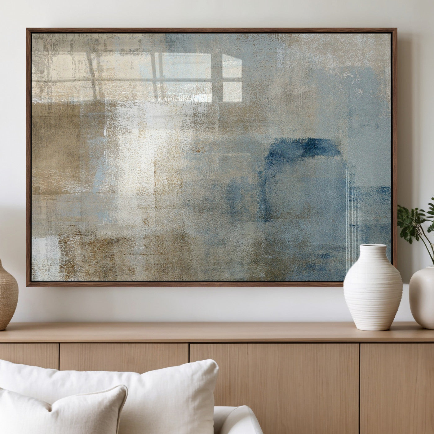 38126-MGV-FP-60X30-3P_Walnut-Neutral Abstract Wall Art – Modern Beige and Blue Canvas Print and Minimalist Textured Painting for Living Room, Bedroom or Office
