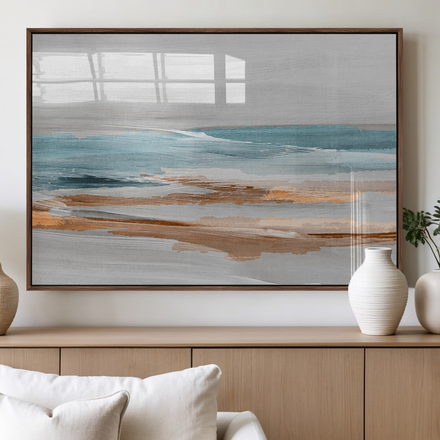 23430-MGV-FP-60X30-3P_Walnut-Abstract Coastal Wall Art – Modern Ocean Horizon Canvas Print, Minimalist Beach Scene Painting for Bedroom, Living Room, Office or