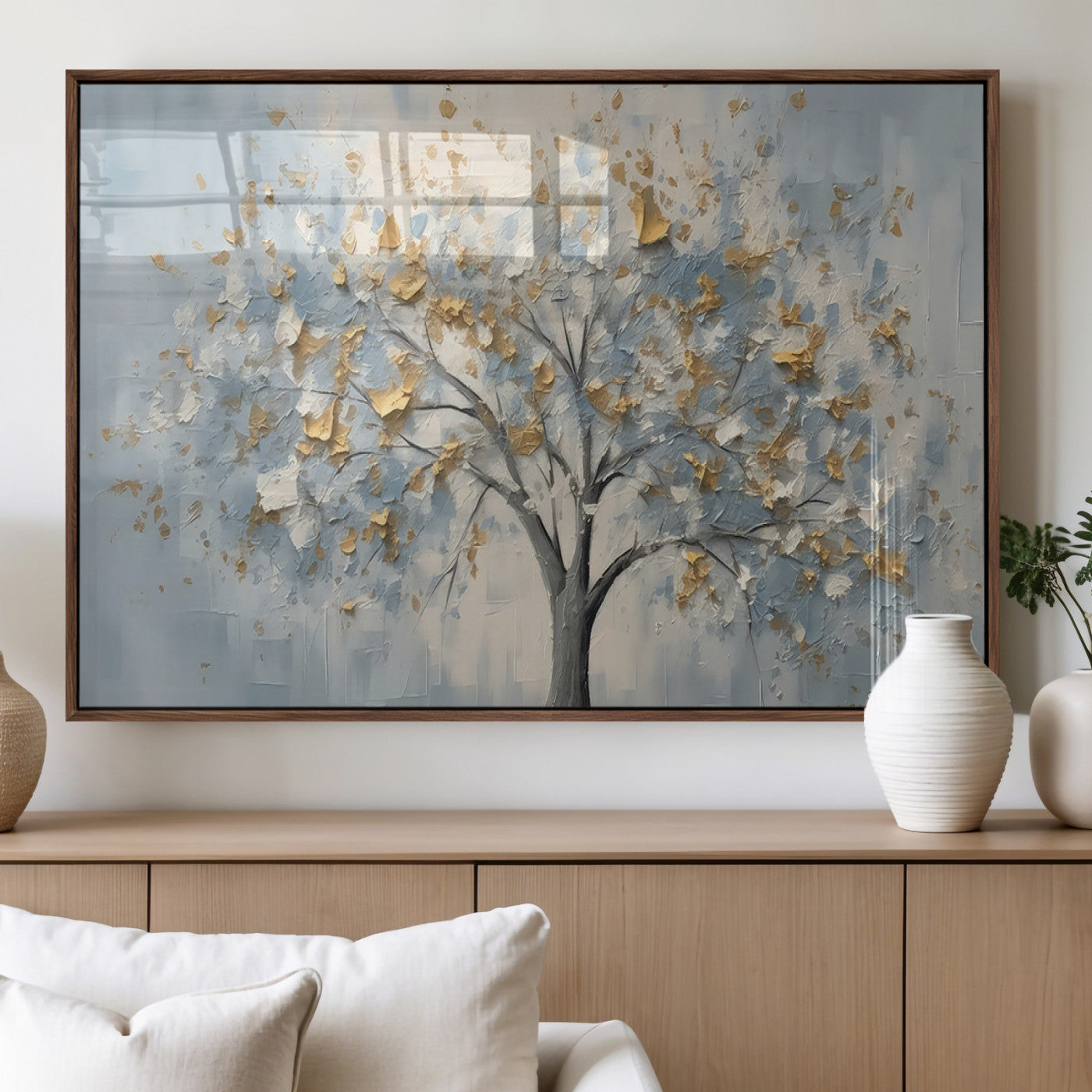 65811-MGV-FP-60X30-3P_Walnut-Abstract Tree Wall Art – Textured Canvas Painting with Gold and White Leaves, Modern Nature Inspired Decor for Living Room or