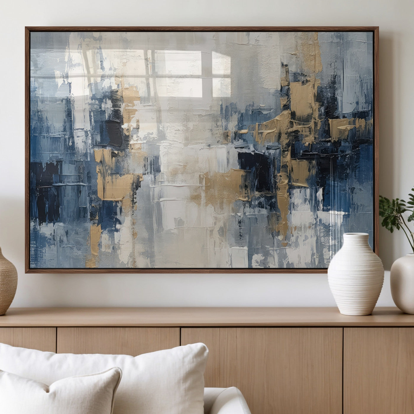 44344-MGV-FP-36X24-3P_Walnut-Abstract Blue and Gold Wall Art – Modern Hand Painted Canvas Print, Contemporary Textured Painting for Living Room, Bedroom or