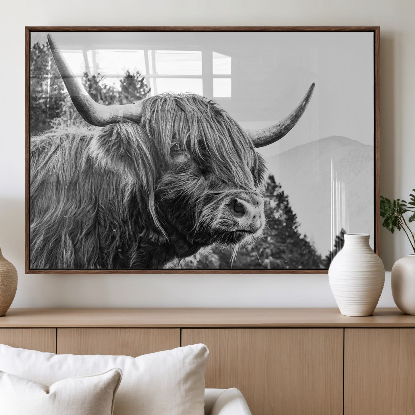 61570-MGV-FP-36X24-3P_Walnut-Highland Cow Wall Art – Black and White Scottish Bull Canvas Print, Rustic Farmhouse Animal Decor for Living Room, Bedroom, or