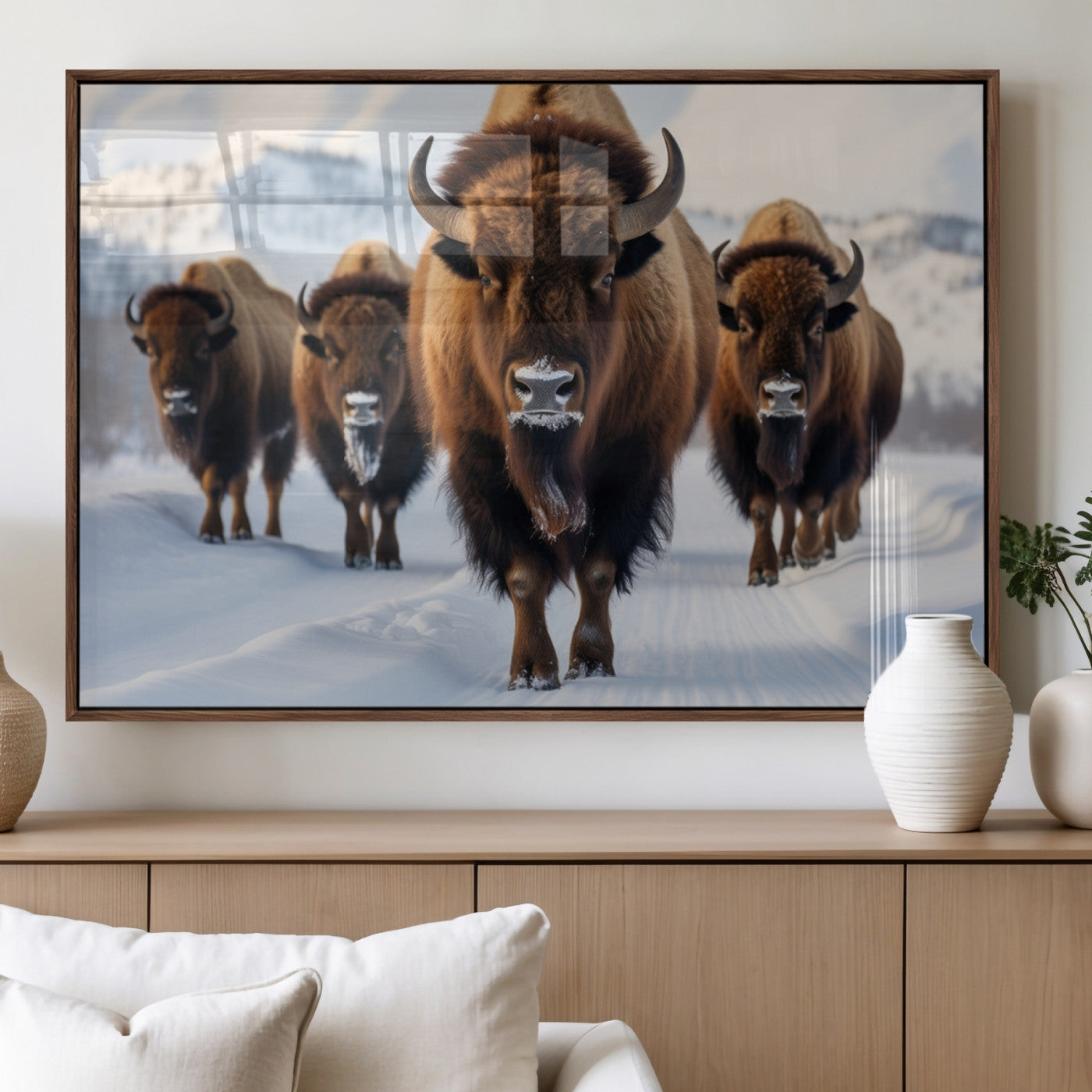 56701-MGV-FP-36X24-3P_Walnut-Bison Herd Wall Art – Buffalo Walking in Snowy Mountains Canvas Print, Rustic Wildlife Decor for Cabin, Lodge, or Living Room