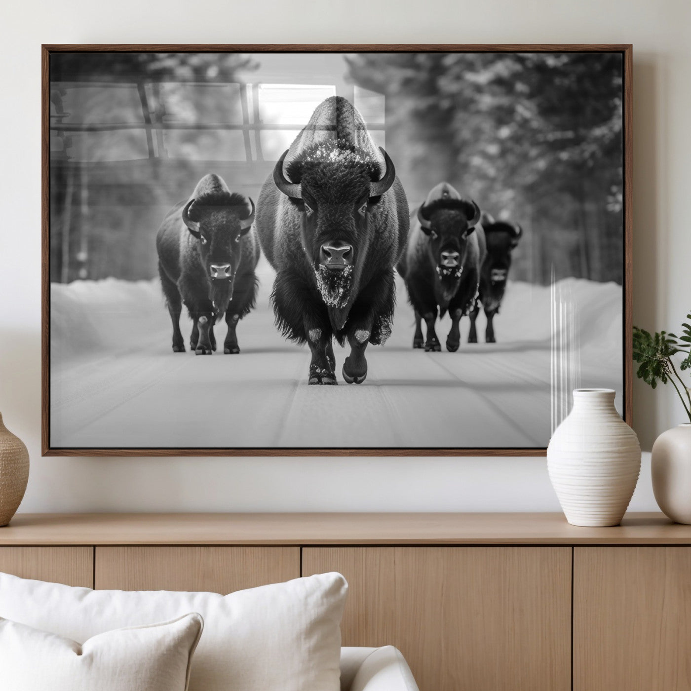 45287-MGV-FP-36X24-3P_Walnut-Bison Herd Wall Art – Black and White Buffalo Snow Road Canvas Print, Rustic Wildlife Decor for Cabin, Lodge or Living Room