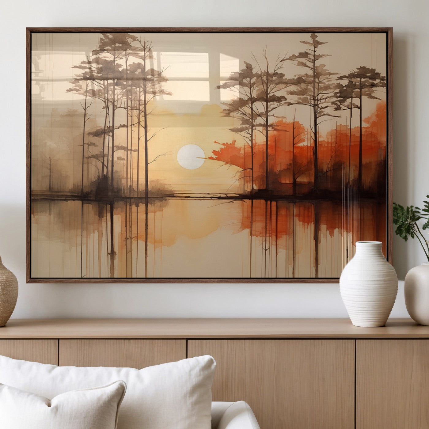 51083-MGV-FP-36X24-3P_Walnut-Sunset Lake Forest Wall Art – Serene Trees and Orange Sky Reflection Canvas Print, Tranquil Nature Decor for Living Room, Office