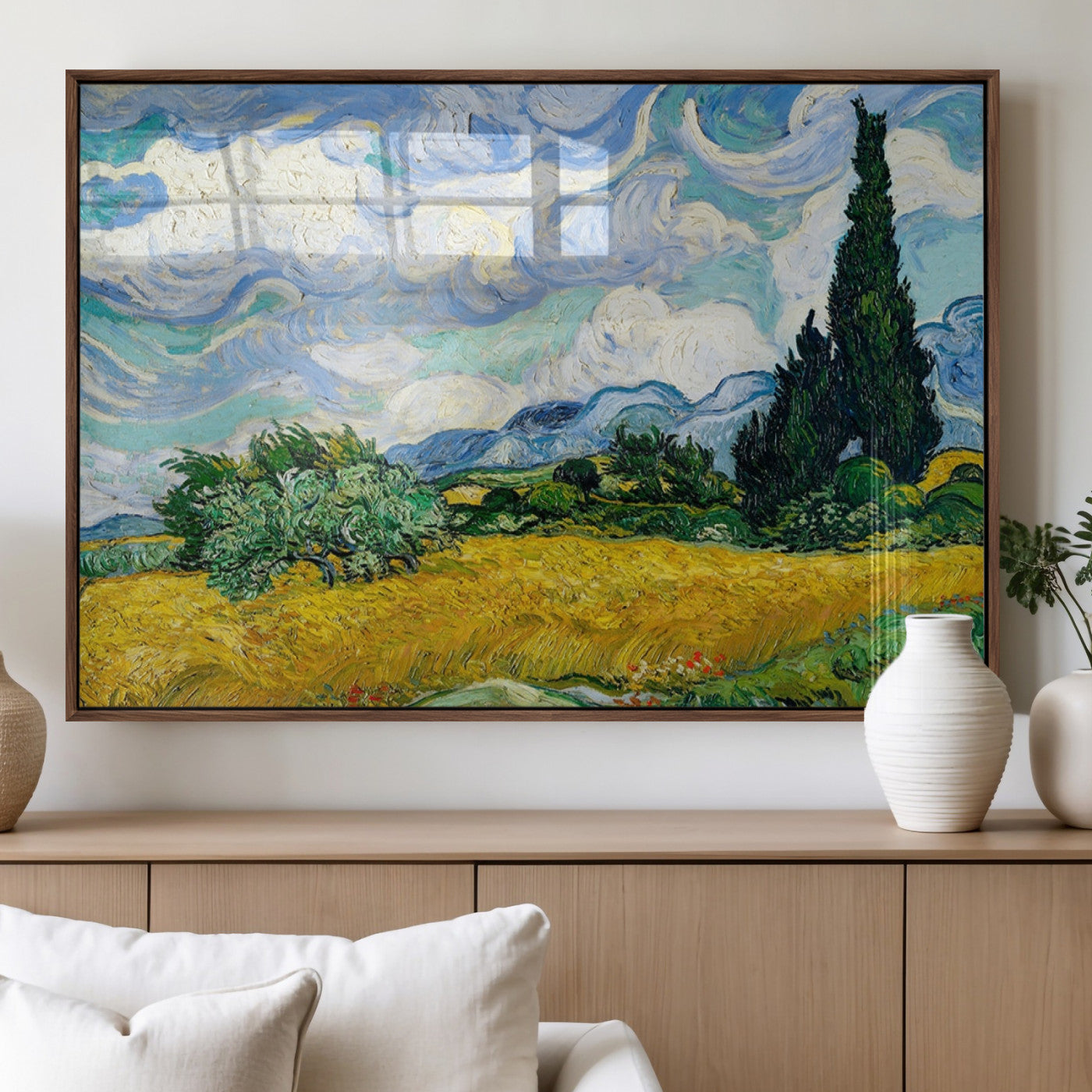 97252-MGV-FP-36X24-3P_Walnut-Wheat Field with Cypress – Van Gogh Wall Art, Impressionist Landscape Canvas Print, Rustic Home Decor for Living Room or Office