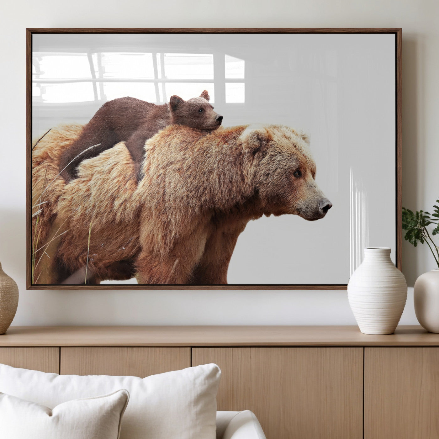 76943-MGV-FP-36X24-3P_Walnut-Mom Bear Wall Art Canvas Print, Framed Bear Photography Art Picture Print, Rustic Bear and Cub Perfect Rustic Farmhouse Decor
