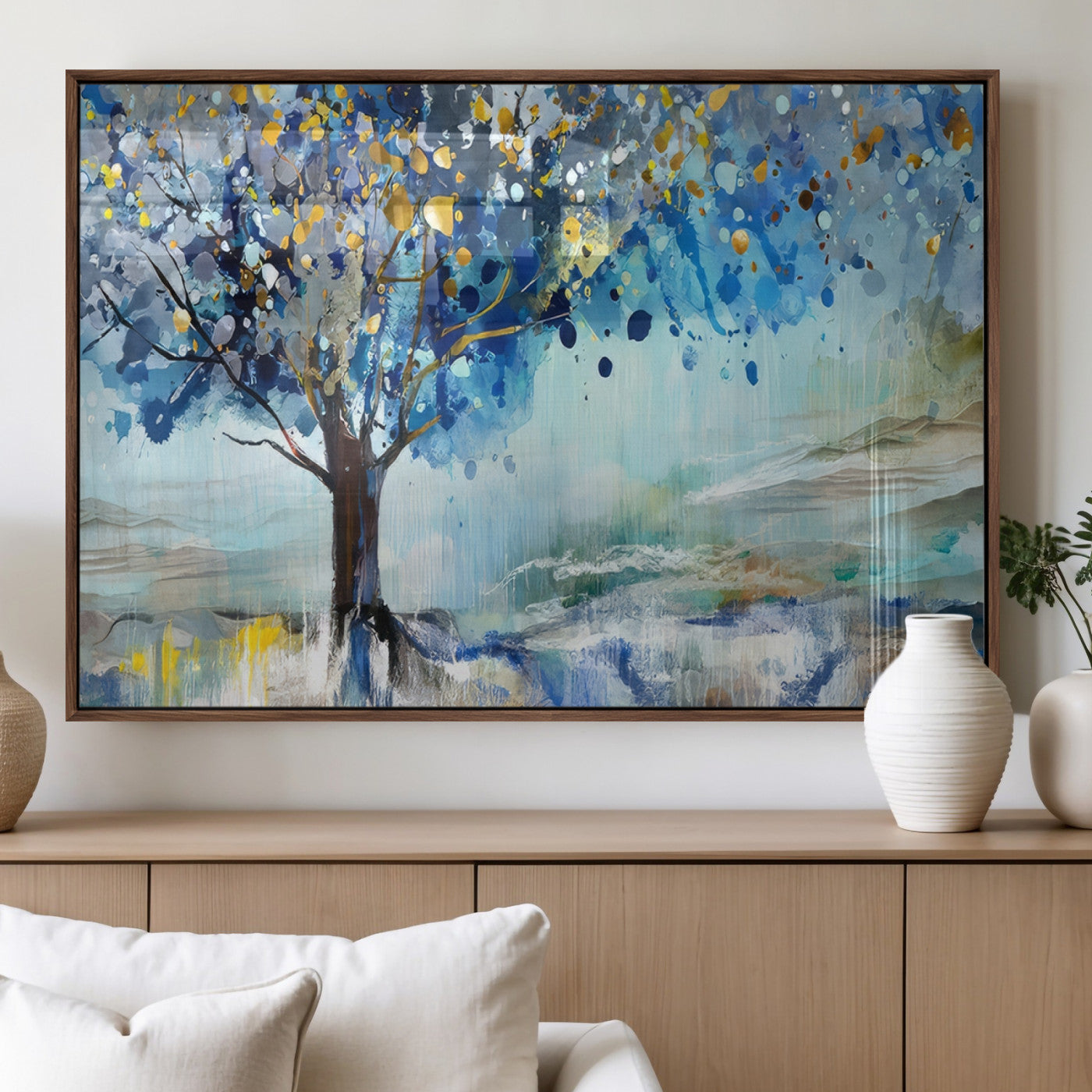 17018-MGV-FP-36X24-3P_Walnut-Abstract Blue Tree Wall Art – Colorful Canvas Painting with Gold and Silver Accents, Modern Nature Artwork for Living Room,