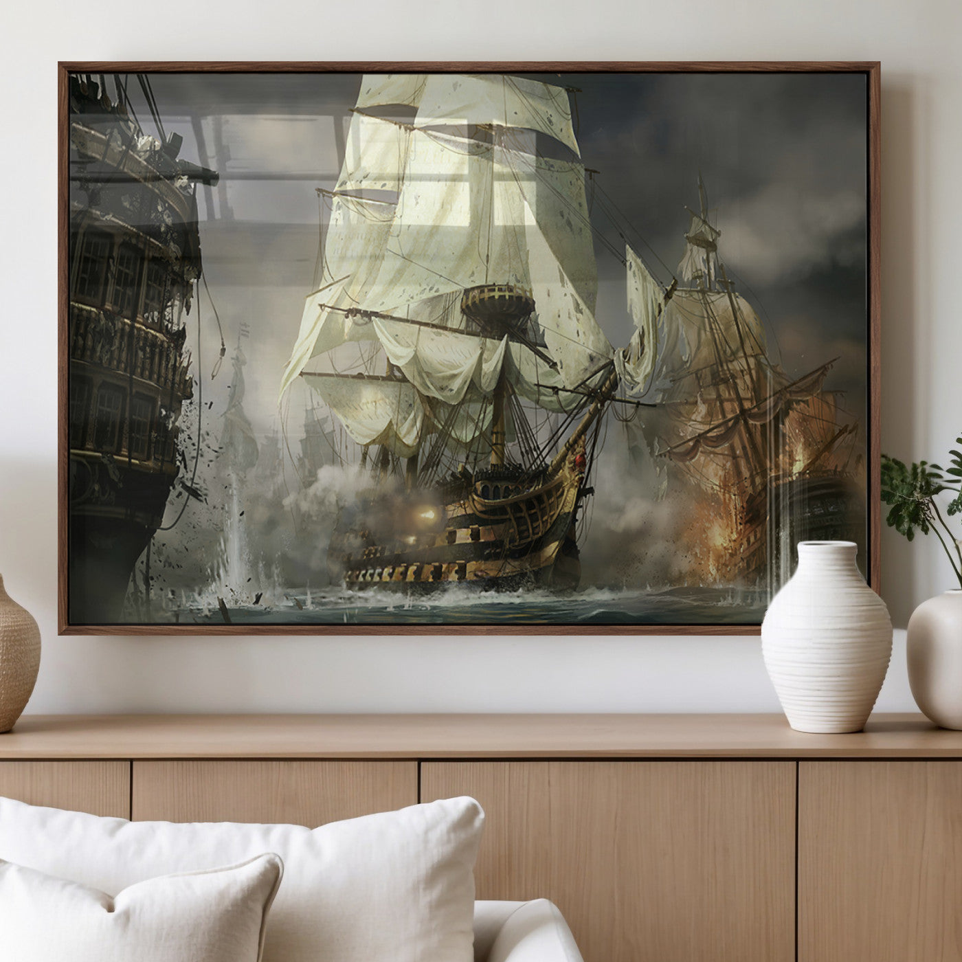 26512-MGV-FP-36X24-3P_Walnut-Naval Battle Wall Art – Dramatic Tall Ship Canvas Print, Historic Pirate Sailing War Scene, Nautical Decor for Office, Study or