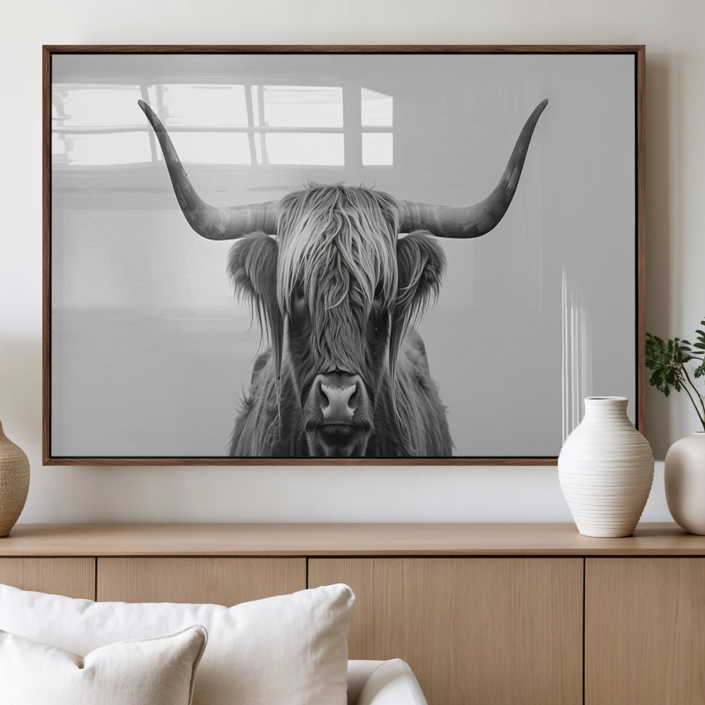 35820-MGV-FP-36X24-3P_Walnut-Minimalist Highland Cow Wall Art – Black and White Longhorn Cattle Canvas Print, Modern Farmhouse Animal Photography Decor for