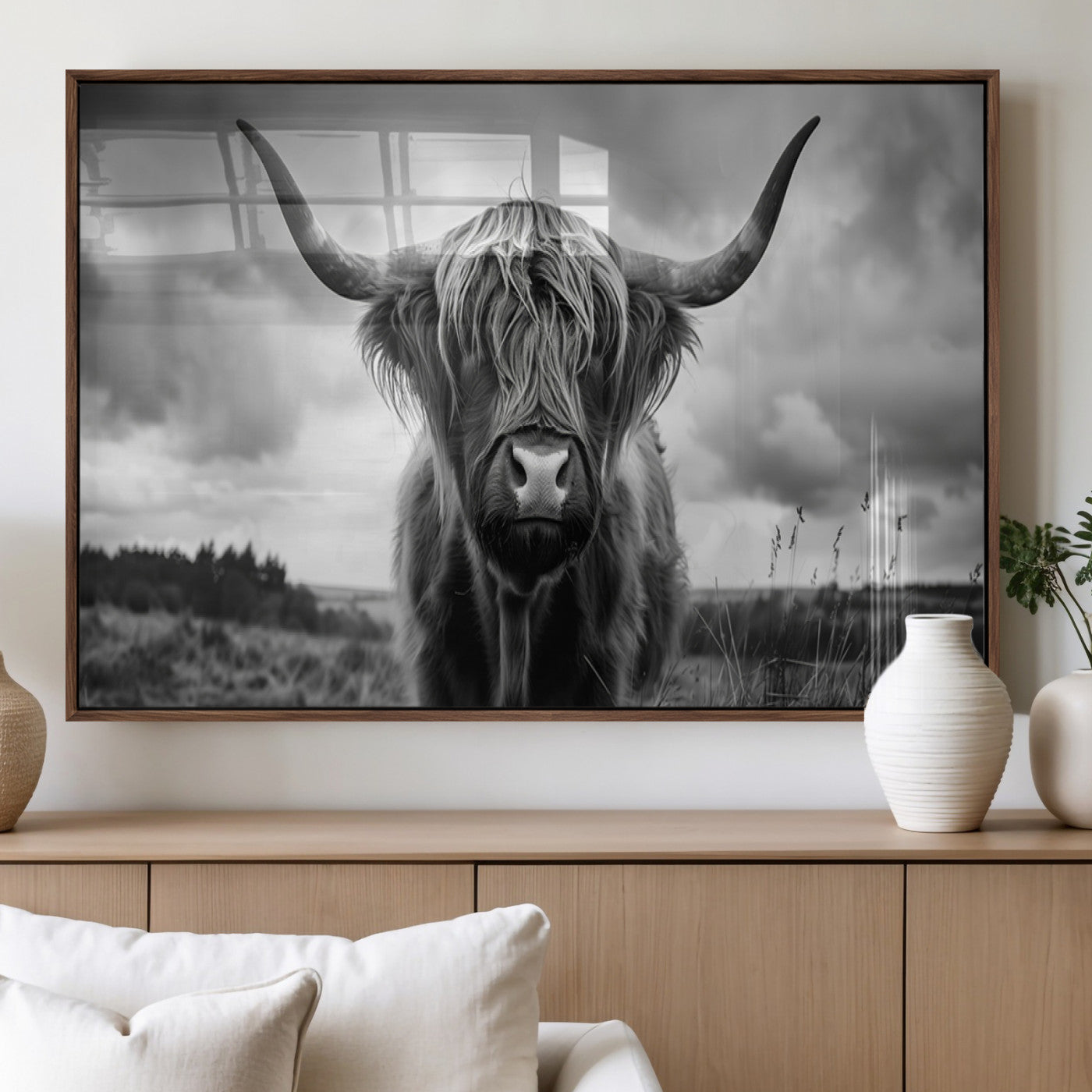 17924-MGV-FP-36X24-3P_Walnut-Highland Cow Wall Art – Black and White Rustic Longhorn Cattle Canvas Print, Farmhouse Animal Photography Decor for Country Home
