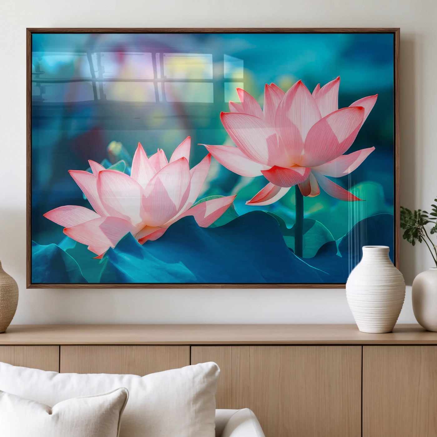 32559-MGV-FP-36X24-3P_Walnut-Lotus Flower Wall Art – Pink Water Lily Canvas Print, Tranquil Nature Decor for Living Room, Bedroom or Meditation Space