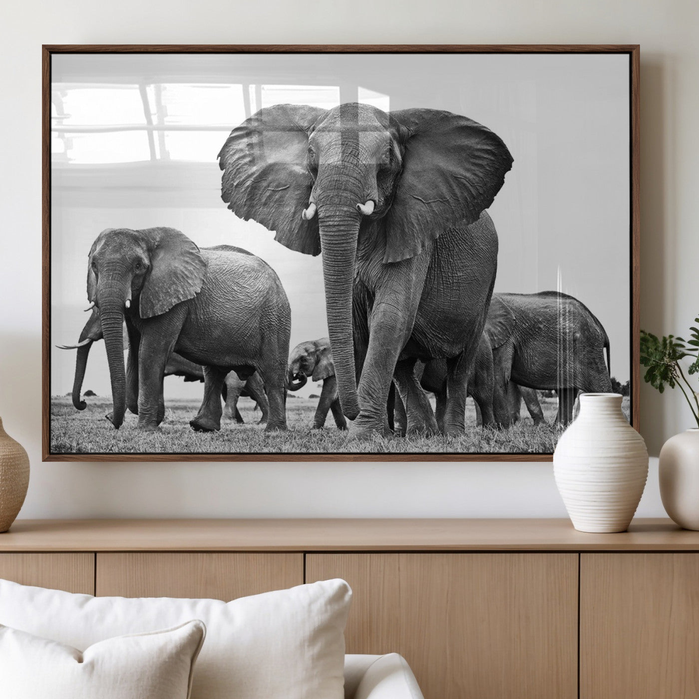 91685-MGV-FP-36X24-3P_Walnut-Elephant Herd Wall Art – Black and White Safari Canvas Print, African Wildlife Photography Decor for Living Room, Office or