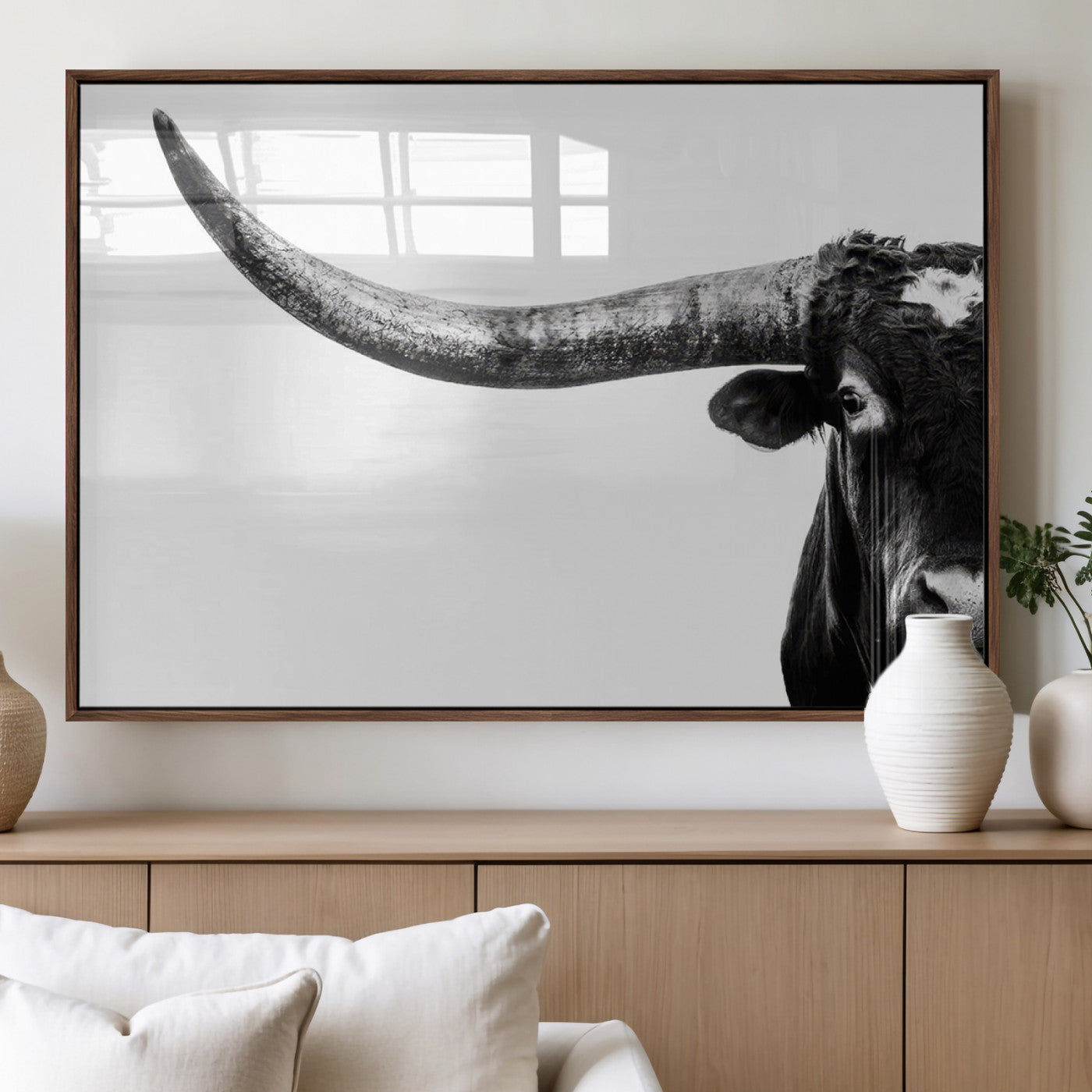 31699-MGV-FP-36X24-3P_Walnut-Longhorn Wall Art – Black and White Texas Longhorn Cow Canvas Print, Rustic Western Farmhouse Artwork for Living Room, Bedroom or