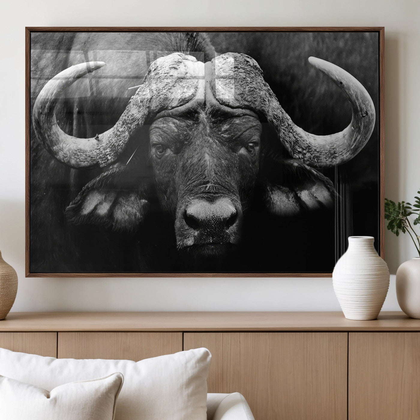 75273-MGV-FP-36X24-3P_Walnut-Buffalo Wall Art – Black and White African Buffalo Canvas Print, Rustic Wildlife Animal Artwork for Farmhouse, Living Room,