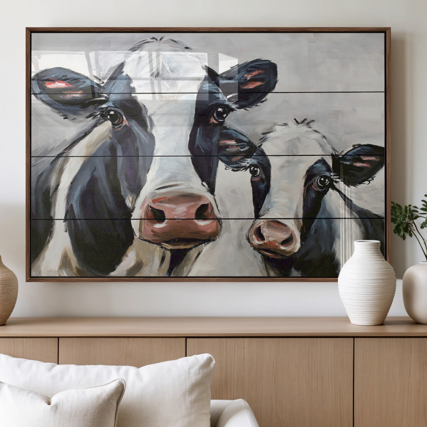28934-MGV-FP-36X24-3P_Walnut-Farmhouse Cow Wall Art – Rustic Black and White Dairy Cattle Canvas Print, Country Barn Animal Painting for Kitchen, Living Room