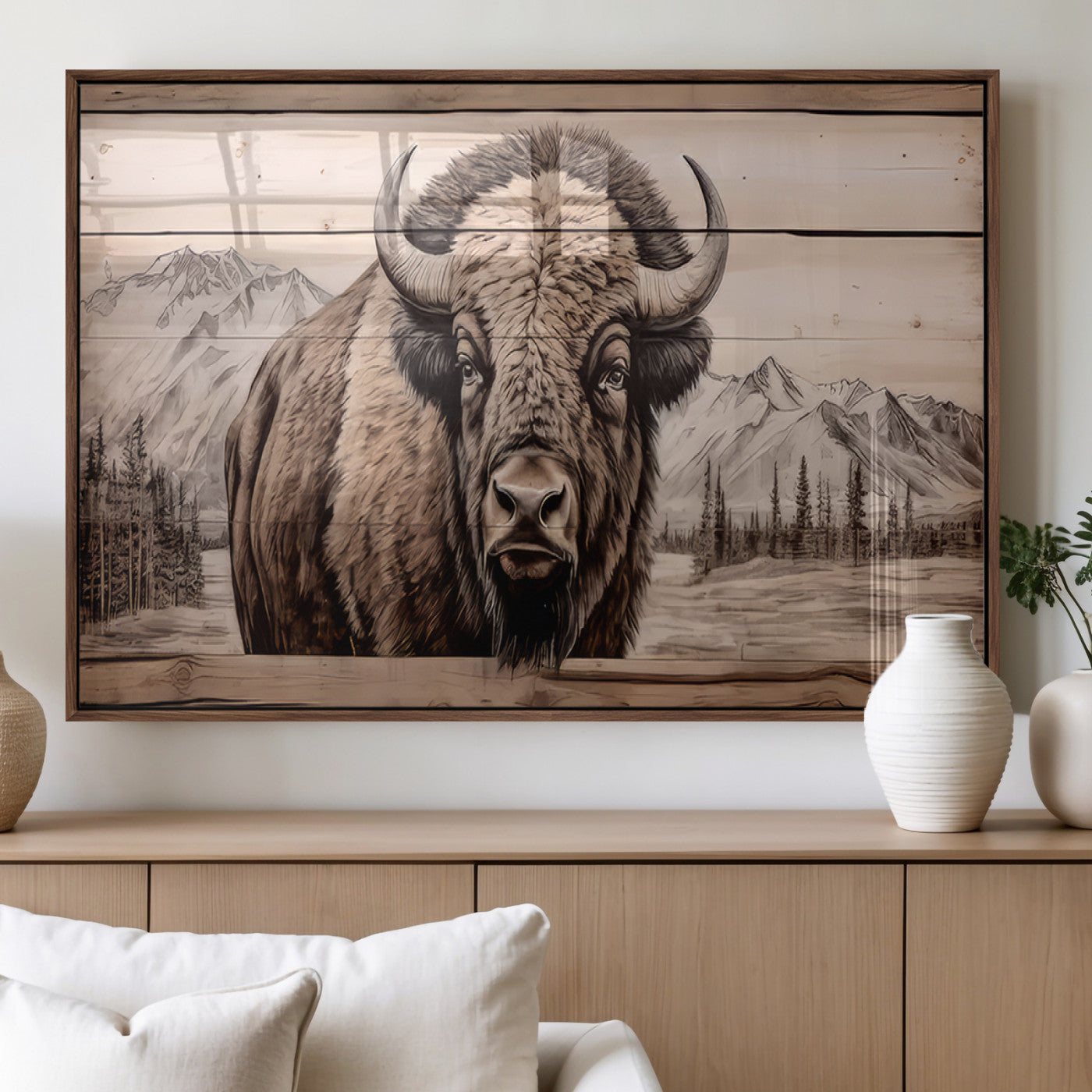 77225-MGV-FP-36X24-3P_Walnut-Rustic Bison Wall Art Canvas Print, Framed American Buffalo Art Picture Print, Vintage Wood Bison Perfect Rustic Decor Artwork