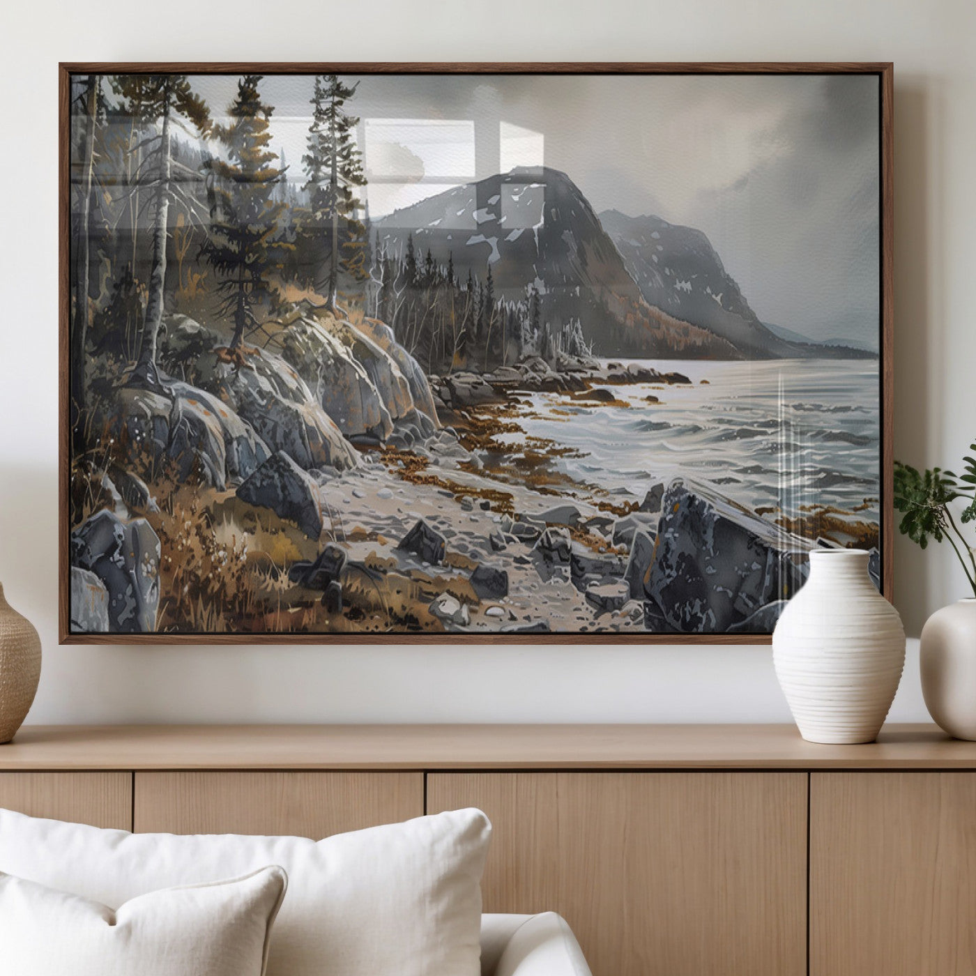 41281-MGV-FP-60X30-3P_Walnut-Rocky Shoreline Wall Art – Panoramic Mountain Coast and Forest Canvas Print, Rustic Nature Landscape Decor for Cabin, Lodge, or